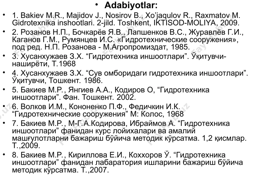 ha katta bo’lmagan sarflar va bosimlar uchun (namunaviy loyiha); b-mingechaur gidrouzeli (rossiya); v-iril emda gidrouzeli (jazoir); 1-suvda oqib keluvchi jismlarni ushlovchi panjara; 2-ko’targich; 3-temir-betonli diafragma;4-deformatsiya choki; 5-gidroizolyatsiya; 6-zatvorlar kamerasi; 7-shaxta; 8-gil; 9-qumtosh; 10-tramplin; 11-kuchsiz slantslar. 2. tunnelli suv tashlagichlar yuqori bosimli gidrouzelning tunnelli suv tashlagichlari: a-yuzada joylashgan suv qabul qilgich bilan; b- chuqur joylashgan suv qabul qilgich bilan; 1-qurilish sarflarini o’tkazuvchi tunnel; 2-zatvorlar kamerasi; 3-suv tashlash tunneli; 4- betonli tiqin; 5-zatvorlarni boshqaradigan shaxta. bir nechta suv qabul qilgichli tunnelli suv tashlagich: 1-panjara; 2-havo keluvchi joy; 3-qurilish tunneli. yuza joylashgan suv qabul qilgichli tunnelli suv tashlagichlar odatda suv o’tkazuvchi traktning umumiy uzunligi bo’yicha bosimsiz oqim rejimida loyihalanadi. chuqur joylashgan suv qabul qilgichli suv tashlagichlarda boshqaradigan zatvorlarning joylashuviga bog’liq holda oqim rejimi bosimli va bosimsiz bo’lishi mumkin. zatvorlar tunnelning boshida joylashtirilganda zatvor oldidagi tunnelning uchta katta bo’lmagan uzunligida oqim bosimli, uzunligining qolgan qismida esa bosimsiz rejimda bo’ladi. agar boshqaradigan zatvorlar tunnelning oxirida …