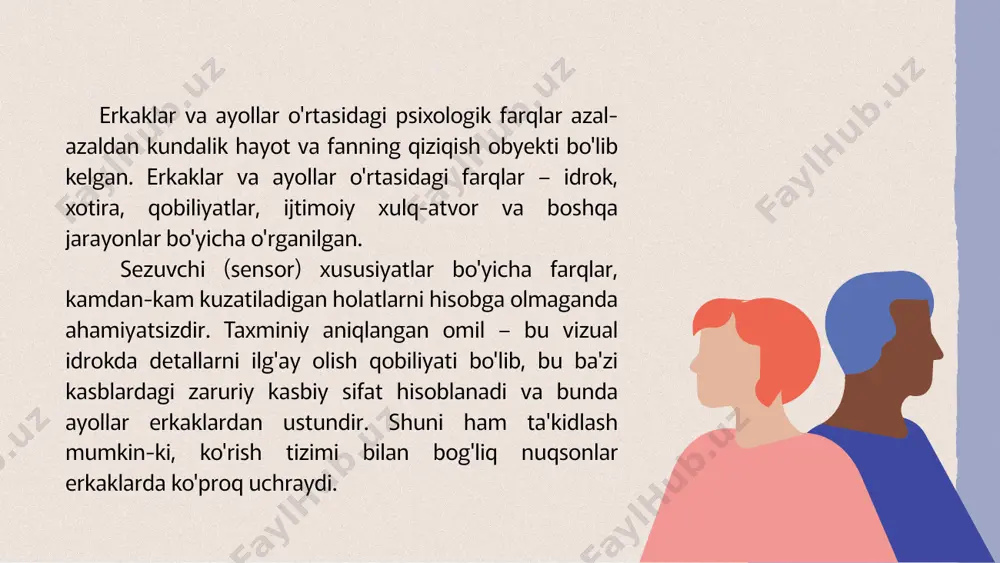 ichki kuch bilan yengishga harakat qiladi konfliktni hal etishdagi yondashuvlar: ayollar muammolarni gapirib, his-tuyg‘ularini baham ko‘rish orqali hal qilishga harakat qiladi. erkaklar esa muammoga echim topishga qaratilgan amaliy choralarni afzal ko‘radi. qaror qabul qilish jarayoni: erkaklar: qaror qabul qilishda individual mustaqillik va tezlikni afzal ko‘radi. muammoni mantiqiy tahlil asosida hal etishga harakat qiladi. intuitsiyadan kamroq foydalanadi. ayollar: qaror qabul qilishda maslahatlashish va umumiy fikrga tayanishga moyil. emotsional va ijtimoiy omillarni hisobga oladi. intuitsiyaga ko‘proq tayanadi. o‘zaro munosabatlar va ijtimoiy aloqalar erkaklar: aloqalarni ko‘proq faoliyat (masalan, birgalikda ish, sport) orqali rivojlantiradi. yordam so‘rashdan ko‘ra, mustaqil harakat qilishni afzal ko‘radi. raqobat va ierarxiyaga nisbatan sezgir. ayollar: o‘zaro munosabatlarda yaqinlik va hissiy almashinuvga e'tibor qaratadi. yordam so‘rash va yordam berish ijtimoiy jarayon sifatida qabul qilinadi. hamkorlik va o‘zaro tenglikni qadrlaydi. xotira rivojlanish darajasini aniqlash testlarida ayollar odatda erkaklardan ustun bo'ladi, ammo farqlar unchalik katta emas. material miqdoriy xarakterga ega yoki erkaklar uchun qiziqarliroq …