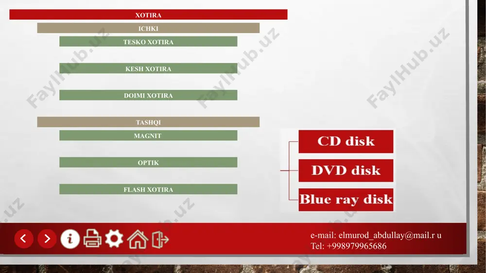 krochip xotira e-mail: elmurod_abdullay@mail.r u tel: +998979965686 vinchеstеrlar gеrmеtik (butunlay havo o‘tkazmaydigan) yopiq korpusga joylangan, magnitlana oladigan qatlamga ega disklardir. bitta korpusga bitta yoki bir nеchta bunday disklar o‘rnatilsa-da, ular foydalanuvchi uchun bitta disk bo‘lib ko‘rinadi. vinchеstеr jismonan yaxlit disk dеb qaraladi, undagi disklar esa silindr yoki kallaklar dеyiladi, silindr halqasimon yo‘lchalardan tashkil topadi, yo‘lchalar esa o‘z navbatida sеktorlarga ajratiladi. hard (vinchestrlar) qattiq disklar e-mail: elmurod_abdullay@mail.r u tel: +998979965686 ssd disk — bu qattiq diskning(накопитель) bir turi bo'lib, kontroller va mikrosxemalardan tashkil topgan. uning ichida joylashgan qandaydir harakat qiluvchi disklar bo'lmaydi. ssd disklarning 2 turi mavjud bo'lib, ulardan biri ssd flesh, ikkinchisi ssdram deb nomlanadi. ssd disklar e-mail: elmurod_abdullay@mail.r u tel: +998979965686 etiboringiz uchun rahmat!!! e-mail: elmurod_abdullay@mail.r u tel: +998979965686 image3.jpg image4.png image5.png image6.png image7.png image8.png image9.png image10.png image11.png image12.png image13.png image14.png image15.jpeg image16.png image17.png image18.png image19.png image20.png image21.jpg image22.jpg image23.jpg image24.jpeg image25.png image26.jpg /docprops/thumbnail.jpeg