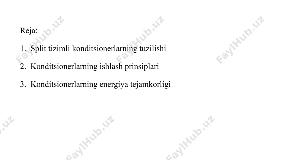 r sovutish suyuqligi va elektr signallarini oʻtkazadi. tashqi blok tashqi modul quyidagi elementlardan iborat: kompressor - split tizimning "yuragi"dir: u sovutgichning harakatlanishi va siqilishini ta'minlaydi; termoregulyatsiya klapani - sovutgichning bosimini pasaytiradi; kondensator - freonni suyuqlikka aylantiradigan issiqlik almashtirgich ; ventilyator - kondensatorni puflash uchun zarur; boshqaruv paneli - faqat inverterli modellarda, an'anaviy dvigatelli split tizimlarda mavjud, boshqaruv bloki ichki bo'linmada joylashgan; to'rt tomonlama klapan - sovutgichni teskari aylantirish uchun javobgardir, shuning uchun isitish funksiyasi bo'lgan qurilmalar u bilan jihozlangan . ichki blok u quyidagi tarkibiy qismlardan iborat: bug’latuvchi - freonni gazsimon holatdan suyuqlikka aylantirish uchun zarur; ventilyator - havo oqimlarining harakatini ta'minlaydi; filtrlar - chang va qoldiqlarni olib tashlaydi; pardalar - ichki modulning harakatlanuvchi qismlari, buning yordamida siz havo oqimining yo'nalishini o'zgartirishingiz mumkin; indikatorlar - yoqilgan funksiyalar va xatoliklar haqida ma’lumot beradi. ichki va tashqi bloklar oʻrtasidagi aloqalar ichki va tashqi bloklar oʻrtasida sovutish suyuqligi va elektr signallari oʻtkazish uchun …