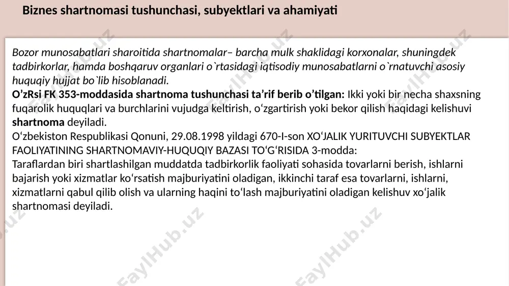 shartnoma majburiyatlarini buzganlik uchun javobgarlikning mavjudligi tadbirkorlik faoliyati shartnomasi to’rt qismdan tashkil topadi: kirish; shartnoma predmeti, taraflarning huquq va majburiyatlari; shartnomaning qo’shimcha shartlari; shartnomaning boshqa shartlari. shartnomaning tarkibiy qismlari kirish - shartnomaning nomi (mahsulot yetkazib berish, kredit, transport vositalari ijarasi, qurilish pudrati vhk); shartnomani imzolash vaqti va joyi; shartnoma taraflarining to’liq nomni, taraflarning shartnoma bo’yicha nomlanishi (masalan sotuvchi, xaridor) shartnomani imzolayotgan shaxsning to’liq nomi va mansabi, shuningdek, unga shartnomani imzolash huquqini beruvchi hujjat (ustav, nizom yoki ishonchnoma) ko’rsatilishi lozim. shartnomaning tarkibiy qismlari shartnoma ikki va undan ortiq taraflar o’rtasida tuziladigan bitim bo’lganligi sababli u oferta, aktsept, yuridik ekspertizadan o’tkazish va shartnomani imzolash bosqichlaridan iborat bo’ladi. taklif - oferta taklifni kiritgan shaxs - oferent taklifni qabul qilish - aktsept taklifni qabul qilgan shaxs - aktseptant shartnomaning tarkibiy qismlari shartnoma predmeti, taraflarning huquq va majburiyatlari - tadbirkorlik shartnomasining ikkinchi qismida shartnoma predmeti; taraflarning shartnoma bo’yicha huquq va majburiyatlari; taraflarning o’z majburiyatlarini bajarish …