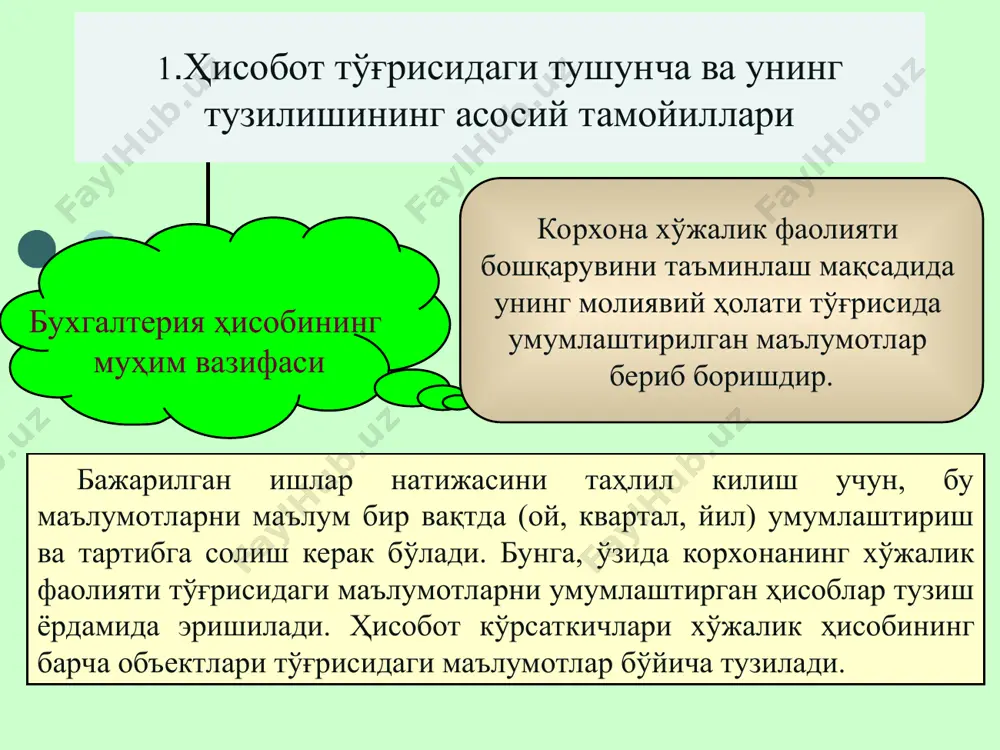 активлар билан алмаштириш мумкин мажбуриятларни бажариш учун ишлатилиши мумкин корхона таъсисчилари ўртасида тақсимланиши мумкин активларда мужассамлашган иқтисодий манфаатлар, корхона томонидан турли хил йўллар билан ўзлаштирилиши мумкин. масалан : активлар мажбуриятлар корхонанинг бошқа бирор корхона ёки жисмоний шахс олдидаги мажбурий бурчидир мажбурият юзага келадиган вазиятлар актив қабул қилинганда активни олиш учун шартнома тузилганда тўлаш бошка активларни бериш бу мажбурият- ларни бошқалар зиммасига юклаш мажбурият- ларни қиммат- ли коғозларга айирбошлаш хизматлар кўрсатиш * мажбуриятлар ҳақдор томон ўз ҳуқуқларидан воз кечганда ёки бу ҳуқуқлардан маҳрум бўлгандан кейин сўнгган ҳисобланади. корхонанинг ўз маблағлари активлардан мажбуриятларни чиқазиб ташлангандан сўнгги корхона активларидир. заҳиралар корхоналар ўз маблағларининг қисми бўлиб, бу қисм келажакда маълум бир харажатларга йуналтирилиши мумкин. даромадлар активларнинг кўпайиши ёки ҳисобот давида мажбуриятларнинг камайишидир устав капитали қўшилган капитал захирадаги капиталлар тақсимланмаган фойда корхонанинг умумий даромади асосий даромад қўшимча даромад товар-моддий заҳираларни сотишдан олинган гонорар ва рентадан корхона асосий фаолият турига боғлик ҳолда олинган фоизлар ва дивидендлар …