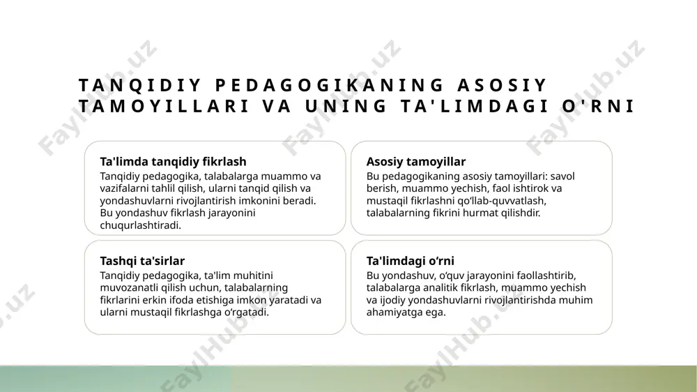 kda ishlaydi, ular ta'limda innovatsion yondashuvlarni shakllantirishga asos bo'ladi. 3 integratsiya jarayoni bu ikki yondashuvni birlashtirish orqali ta'lim muhitini yanada faol va dinamik qilish, talabalarni mustaqil fikrlashga tayyorlash mumkin. 4 amaliy misollar o'zbekiston ta'limida tanqidiy va kreativ metodlarni integratsiya qilish, loyiha ishlari va interaktiv darslar orqali amalga oshirilmoqda, bu esa natijalarni oshirmoqda. o'zbekiston ta'lim tizimida tanqidiy pedagogikaning o'rni va amalga oshirilishi 01 ta'lim tizimida joyi o'zbekiston ta'lim tizimida tanqidiy pedagogika yangi metodlarni joriy qilish va o'qituvchilarning fikrlash tarzini rivojlantirish uchun muhim o'rin tutadi. 02 amaliyotdagi holatlar amaliyotda tanqidiy pedagogika o'quvchilarga muammo yechish, analitik fikrlash va kreativ yondashuvlarni rivojlantirish imkonini beradi. 03 qiyinchiliklar va imkoniyatlar ta'limda tanqidiy pedagogikani keng joriy etishda qiyinchiliklar mavjud, ammo zamonaviy texnologiyalar va pedagogik strategiyalar orqali muammolar hal etilmoqda. 04 o'zbekiston uchun istiqbolli rivojlanish mahalliy ta'lim tizimida tanqidiy fikrlash va kreativ yondashuvlarni rivojlantirish uchun davlat va jamoatchilik hamkorligi muhim, bu esa ta'lim sifatini oshiradi. tanqidiy pedagogika orqali …