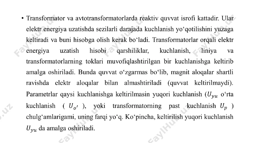 i (ikkinchi chulg’am ochiq qolganda birlamchi chulg’amdagi reaktiv quvvat) bu yerda is.yu%-nominal tokka nisbatan salt yurish tokining qiymati, % ikkinchi tomondan magnitlash quvvati ifodalarning o’ng tomonlarini tenglashtirib topamiz: agarda kva da , kv da bo’lsa, unda bu magnitlash quvvatiga bog’liq o’tkazuvchanlik liniyaning sig’im xarakteriga ega reaktiv o’tkazuvchanligiga qarama-qarshi induktiv xususiyatini namoyon qiladi. mahalliy elektr tarmoqlarida o’tkazuvchanliklar ko’pincha hisobga olinmaydi. asosiy adabiyotlar: steven w.blume. electric power system basics. usa.: wiley – intersciense a john wiley&sous, inc publication, 2007, 260 p. a.n.rasulov, a.d.taslimov, x.g.karimov “elektr tarmoqlari va tizimlari” toshkent. “tafakkur qanoti”. 2015 y.282 steven w. blume, electric power sistem basics, 2007. hossein seifi mohammad sadegh sepasian. electric power sistem planning, 2011, verlag berlin. karimov x.g. rasulov a.n. elektr tarmoqlari va sistemalari. 1 qism. –t.: toshdtu, 1996. -165 b. g‘oyibov t.sh. elektr tarmoqlari va tizimlari. misol va masalalar to‘plami. o‘quv qo‘llanma. -t.: toshdtu, 2006. qo‘shimcha adabiyotlar: 8. mirziyoev sh.m. buyuk kelajagimizni mard va …