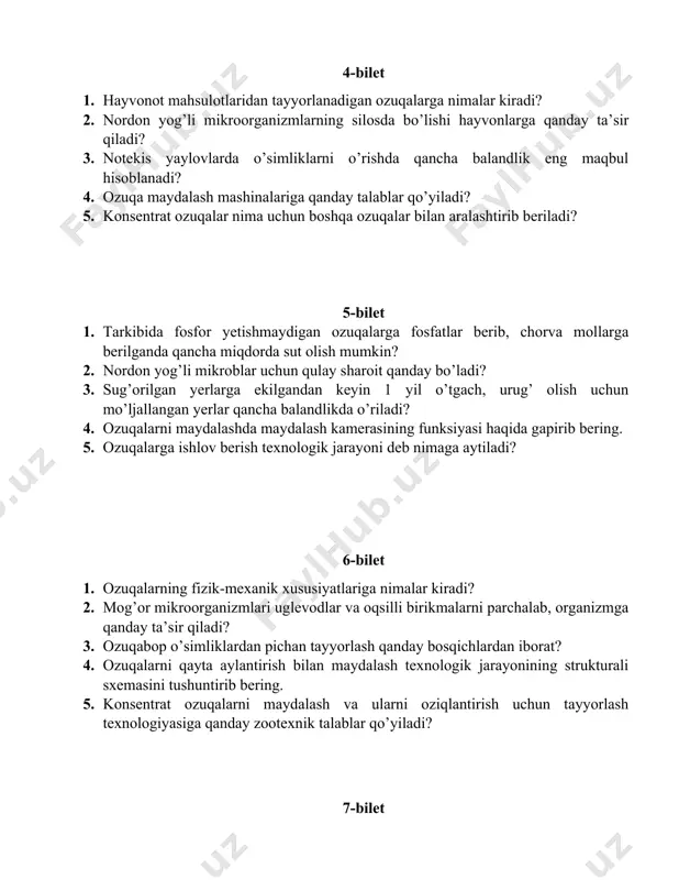 i birikmalarni parchalab, organizmga qanday ta’sir qiladi? 3. ozuqabop o’simliklardan pichan tayyorlash qanday bosqichlardan iborat? 4. ozuqalarni qayta aylantirish bilan maydalash texnologik jarayonining strukturali sxemasini tushuntirib bering. 5. konsentrat ozuqalarni maydalash va ularni oziqlantirish uchun tayyorlash texnologiyasiga qanday zootexnik talablar qo’yiladi? 7-bilet 1. materiallarning nisbiy namliklari nima orqali aniqlanadi? 2. aerob va anaerob muhitlarni tushuntirib bering. 3. pichanlarni toy qilib taxtakachlash ozuqalarga qanday ta’sir qiladi? 4. qayta aylantirish bilan maydalash va ochiq siklli maydalash usullaridan qay biri yaxshiroq? 5. konsentrat ozuqalar nam holida qoramollar uchun qancha yiriklikda maydalab beriladi? 8-bilet 1. sochiluvchan ozuqalar namligi qaysi asbob yordamida aniqlanadi? 2. o’simlik ozuqalari qandliligiga qarab necha guruhga bo’linadi? 3. presslangan pichanni dalada yoki bostirmalar otida quritishda massa namligi qancha bo’lishi lozim? 4. ochiq siklli maydalash kamerasi qayta aylantirish bilan maydalash qurilmasidan farqli o’laroq g’alvir o’rniga nima bilan jihozlangan? 5. konsentrat ozuqalar quruq holida qoramollar uchun qancha yiriklikda maydalab beriladi? 9-bilet 1. il-ema …