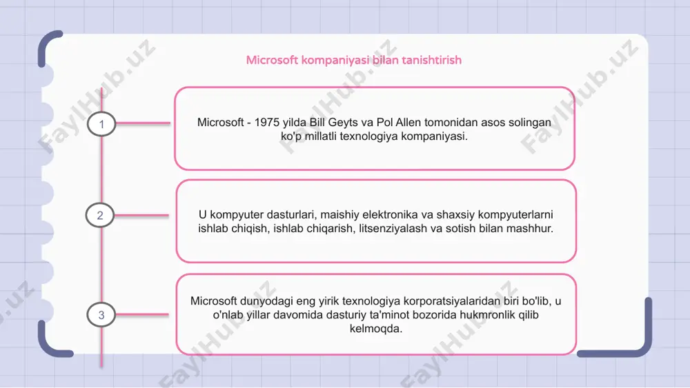 ishlab chiqish va linkedin-ni sotib olish kiradi. microsoft kompaniyasining kelajak istiqbollari microsoft kompaniyasi kelajakda muvaffaqiyatga tayyor. o'zining innovatsion mahsulotlari va kuchli bozor pozitsiyasi bilan kompaniya rivojlanayotgan texnologiyalardan foydalanish uchun yaxshi mavqega ega. bundan tashqari, microsoft-ning kuchli moliyaviy ko'rsatkichlari va mijozlar ehtiyojini qondirishga sodiqligi kompaniya uchun yorqin kelajakni ta'minlaydi. e’tiboringiz uchun rahmat
