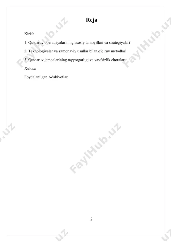 aruv ishlarini amalga oshirishning muhimligi insonlarning hayotini saqlash, jarohatlarning oldini olish va jamiyatning ijtimoiy-iqtisodiy barqarorligini ta’minlash bilan bevosita bogʻliqdir. bu sohada olib borilayotgan tadqiqotlar va texnologik innovatsiyalar, shuningdek, xalqaro hamkorliklar, xavfsizlikni oshirish va texnik muammolarni hal etishga xizmat qilmoqda. hozirgi vaqtda qidiruv va qutqaruv ishlarining samaradorligini oshirish uchun ilgʻor texnologiyalar, malakali kadrlar tayyorlash va ekologik ta’sirlarni kamaytirish masalalari muhim o‘rin tutadi. i. qutqaruv operatsiyalarining asosiy tamoyillari va strategiyalari qutqaruv operatsiyalarining asosiy tamoyillari va strategiyalari tog‘li hududlarda yozgi sharoitlarda qidiruv va qutqaruv ishlarining muvaffaqiyatli amalga oshirilishini ta’minlashda muhim ahamiyatga ega. bu tamoyillar va strategiyalar qidiruv va qutqaruv jarayonlarining samaradorligini oshirish, xavfsizlikni ta’minlash hamda inson hayoti va sog‘lig‘ini saqlash uchun asosiy yo‘nalishlarni belgilab beradi. ular, shuningdek, geografik, iqlim sharoitlari hamda texnologik imkoniyatlarni hisobga olgan holda, qidiruv va qutqaruv ishlarining muvaffaqiyatli bo‘lishini ta’minlash uchun ishlab chiqiladi va amalga oshiriladi. birinchidan, qutqaruv operatsiyalarining asosiy tamoyillari orasida tezkorlik va koordinatsiya muhim o‘rin tutadi. tog‘li hududlarda, …