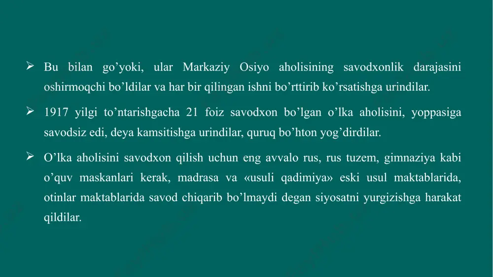 ur boringiz, albatta, shu yangi maktabda o`qungiz, boringiz. yerda o`lturmay xarrakda o`ltururmish bolalar, toza turgay ust-boshu jomai dastoringiz. o`rgatarmish turk tilida har ilmdan borini, kelgusida shu bilimlar birla bo`lg`ay koringiz. shoiraning yuqoridagi she’ri orqali millat bolalarini ilm olishga, maktab tahsiliga chorloviga guvoh bo’lamiz. u ta’lim sohasida bo’layotgan o’zgarishlar, rivojlanishlardan to’lqinlanib yozadi, endi o’quvchilar yerda emas, xarraklarda, toza, ozoda xonalarda ta’lim olishlari uni behad quvontiradi va bolalarni ilm olishlikka da’vat qiladi. shoiraning «yakka bayt»lari asosan didaktik xarakterdadir. furqat (taxallusi; asl ism-sharifi zokirjon xolmuhammad oʻgʻli) (1859, qoʻqon —1909, yorkent) — milliy uygʻonish davri oʻzbek adabiyotining zabardast vakillaridan biri. u shoir va adib, adabiyotshunos va muarrix, elshunos va mutarjim sifatida oʻzidan boy maʼnaviy meros qoldirgan. shuningdek, furqat zamonasining mashhur xattotlaridan biri boʻlgan. yoshligidanoq muqimiy, muhyi, zavqiy, nisbat, muhayyir kabi shoirlar muhitida qizgʻin ijodiy faoliyat bilan mashgʻul boʻlgan. 3.furqat va saidahmad siddiqiy pedagogik qarashlari mahallasidagi maktabda savod chiqargan, mudarris va kotiblardan xattotlik, arab tilini …