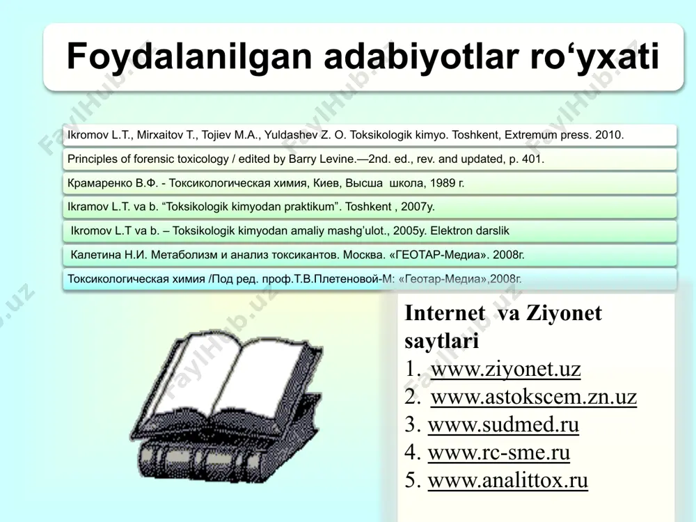 - (sariq) → qizaradi (рн 3,2-1,3) 3.dimetilaminoazobenzol - qizil rangga o‘tadi, qizil zarg‘aldog‘ → sariq 2,0-4,0 4. metilviolet- sariq yashil rangga o‘tadi. (рн 1,5-3,2) 5. universal indikator qog‘ozi. 6. potensiometr yordamida рн - o‘lchash, mineral kislotalarga tekshirish olib borilganda, ularni haydab olinib, so‘ng tekshiriladi. mineral kislotalarga tekshirilganda avval eng kuchli - sulfat, so‘ng nitrat va xlorid kislotalarga tekshiriladi. образец текста второй уровень третий уровень четвертый уровень пятый уровень sulfat kislota h2so4 organizm uchun zaharli hisoblanadi. ld50=5-10 g. konsentrlangan kislota bilan zaharlanganda me’da yo‘lida qattiq og‘riq, qon qusish, kishida tirishish holatlari ro‘y beradi. biroz o‘tgach qon qusish to‘xtaydi, qorin teshiladi, og‘riq butun qorin bo‘shlig‘iga tarqaladi, tinimsiz yo‘tal bo‘lib, nafas olish qiyinlanishi natijasida o‘lim sodir bo‘ladi. 10-20% sulfat kislota eritmasi organizm uchun zaharli hisoblanadi. образец текста второй уровень третий уровень четвертый уровень пятый уровень tahlili. sulfat kislotani tahlil qilishdan avval uni hafdab olinishi lozim. bunda organizmag tashqarida tushgan kislota haydaladi. organizmda hosil …