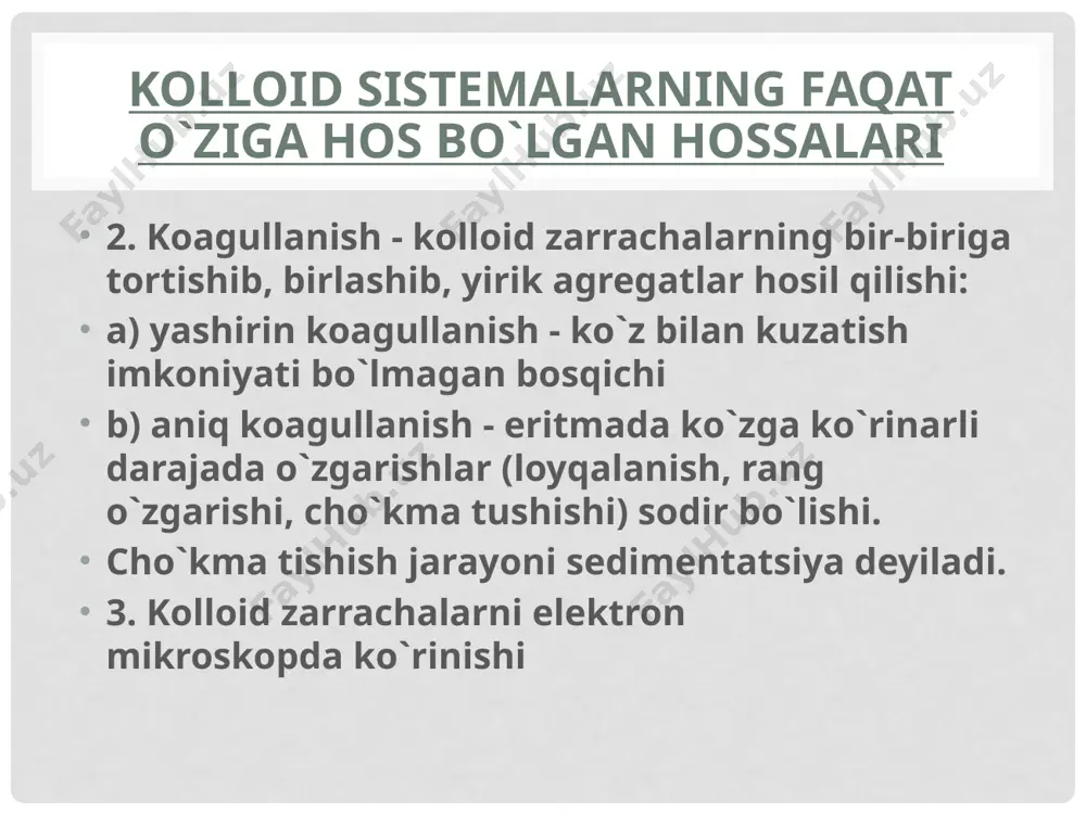 hun sanoat chiqindi suvlarini koagullash yo'li bilan tozalash juda muhim ahamiyatga ega. kolloid himoya hodisasi juda katta fiziologik ahamiyatga ega. ko‘p gidrofob kolloidlar va qon zarrachalari biologik suyuqliklarda koagullanishdan oqsillar bilan himoyalangan. masalan, qon oqsillari yog' tomchilarini, xolesterin va boshqa gidrofob moddalarni himoya qiladi. himoyalash darajasining pasayishi xolesterin va kalsiyning tomir devoriarida yig'ilishiga olib keladi. bundan ateroskleroz va kalsinoz kasalliklari kelib chiqadi. qonda oqsillar va boshqa gidrofil birikmalarni himoyalash xossasining kamayishi, siydik kislotaning tuzlari cho'kmaga tushishiga, ya’ni buyrakda, jigarda va o’t pufagida toshlar hosil bo'lishiga olib keladi. e’tiboringiz uchun raxmat ! image2.png /docprops/thumbnail.jpeg