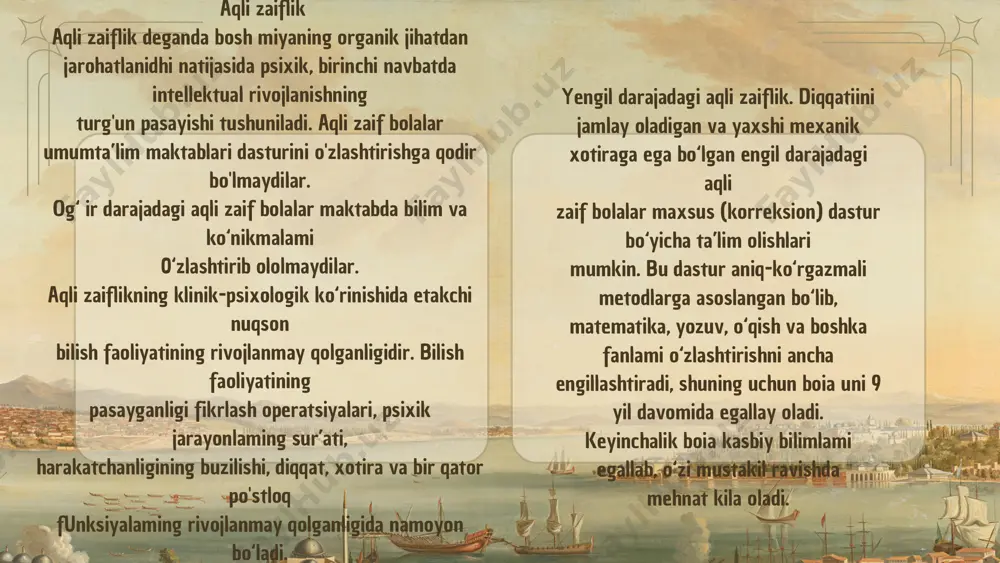 a’siri va boshqaiar kiradi. bulaming barchasi bolaning maktabdagi ta’limiga salbiy ta’sir ko‘rsatadi. ba’zan maktabdagi nomuvofiq sharoit ham (o‘qituvchilaming tez-tez o‘zgarib turishi, qoloq o'quvchiga o‘qituvchining noto‘g‘ri munosabati) muammoni murakkablashtiradi. xayr sogʼ boʼling