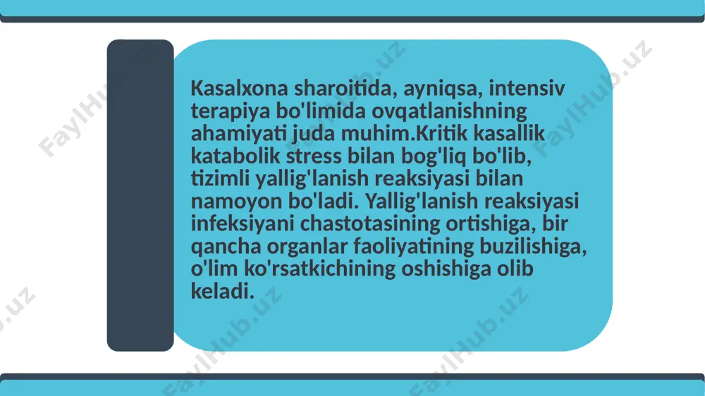 bo’lganda me’da naychasi orqali doimiy ovqatlantirildi. post pilorik enteral ovqatlantirishni bekor qilish masalasi ko’rib chiqilishi kerak. og’izni kuniga 2 mahal xlorgeksidin bilan yuvish bilan pnevmoniya xavfini kamaytiradi. qarshi ko’rsatmalar bo’lmaganda ichak peristaltikasini yaxshilash uchun prokinetiklar qilindi (prozerin). itb da yotgan intubatsiya qilingan barcha bemorlar enteral ovqatlanti- rilganda boshi 30-45˚ ga ko’tarilishi kerak. oziqlanish formulasini tanlash o’tkir respirator distress sindromi va ko’krak qafasidagi og’ir travma bilan og’rigan bemorlar yallig’lanishga qarshi lipid tarkibli (omega 3 baliq yog’i) va antioksidantlar bilan aralashmalarni olishlari kerak. immunomodulyatsion aralashmalar bilan ovqatlanishning optimal terapevtik ta’siriga erishish uchun ular energiyaga bo’lgan ehtiyojning 50-65 % ta’minlashi kerak. diareya uchun eriydigan tolalar yoki kam proteinli aralashmalardan foydalanish mumkin. enteral ovqatlantirish uchun immunomodul yatsion ozuqaviy aralashmalar (arginin,glutamin, nuklein kislota, omega 3 yog’ kislotalari va antioksidantlar bilan boyitilgan) bemorlar ning tegishli guruhlarida qo’llanilishi kerak. ular og’ir sepsisda ehtiyotkorlik bilan ishlatilishi kerak. parenteral ovqatlantirish samaradorligini oshirish oziqlantirish terapiyasini rejalashtirishda qon zardobidagi glukoza miqdorini …