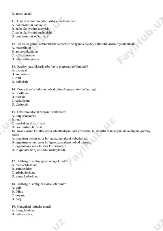 lenium; b. ashilla millefolium; c. datura stremonium; d.crataegus laevigata. 23. oshlovchi moddalarni tibbiyotda ishlatilishi: a. me’da ichak, og‘iz va tomoq yallig‘lanishi, teri kuyganda, yaralarni davolashda burishtiruvchi, ichakdan qon oqishni to‘xtatishda ishlatiladi; b. yo‘talga qarshi ishlatiladi; c. ichni surish uchun ishlatiladi; d. yuqori nafas yo‘llari shamollaganda balg‘am ko‘chiruvchi sifatida ishlatiladi. 24. eman mahsulotining kimyoviy tarkibi a. oshlovchi moddalar; b. saponinlar; c. alkaloidlar; d. efir moylari. 25. kalonxoy o’simligini oilasini lotincha nomini toping? a. lamiaceae; b. crassulaceae; c. asteraceae; d. rosaceae. 26. qaysi o’simlikninig mahsuloti sifatida serbargli yosh novdalari oktybr oyining oxirida qirqib olinadi, yashiklarga joylashtirilib, undan presslash yo’li bilba shirasini olsh uchun zavodga yuboriladi? a. malina; b. ortosifon; c. qovoq; d. kalonxoy. 27. asalari zaxari dori turlari a. ampuladagi eritmalar, surtma dorilar, tabletka; b. suppozitoriy va mazlar, shamchalar va linimentlar; c. qaynatma, poroshok, yig‘ma va choylar; d. mazlar, linimentlar va nastoyka. 28. uchbarg o’simligini oilasini lotincha nomi nima? a. asteraceae; b. …