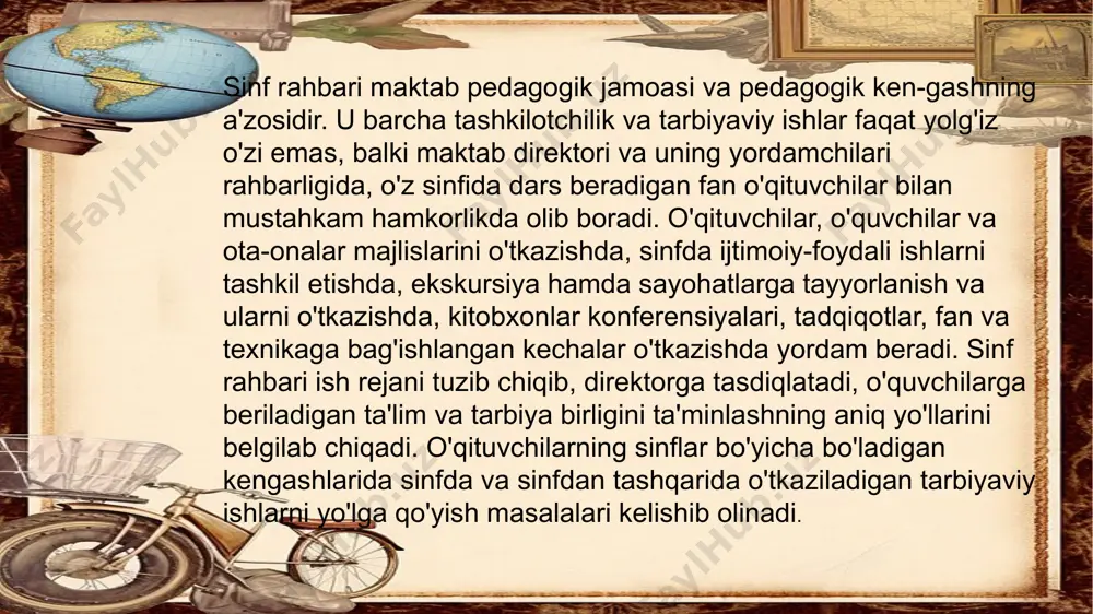 uchun kurash olib borishi bir muncha qiyinlashtirib qo'yadi. ota-onalar bilan ishlashga yetarlicha baho bermaslik sinf rahbarining barcha tarbiyaviy ishlarining pasayib ketishiga olib kelgan bo'lar edi. sinf rahbari qiziqarli suhbat yoki kitobxonlar konferensiyasi o'tkazadi. ularning natijalari o'quvchilar faoliyatida mustahkam-lanmaydi. og'zaki ta'sir ko'rsatish aniq ishlar bilan mustahkam-lanmaydi. o'quvchilarni tarbiyalashdagi tizim, o'z-o'zidan ma'lumki, sinf rahbarlari tashabbusiga salbiy ta'sir ko'rsatmasligi, ularni tarbiyaviy ta'sir ko'rsatish mazmuni, shakl hamda metodlarini mustaqil tanlab olishlaridan mahrum etmasligi darkor. bu tizimni bir qolipga solib qo'yish mutlaqo yaramaydi. tarbiya berish bu ijodiy jarayondir. bunda fikr dadilligi, ijodiy izlanish, tashabbuskorlik va har qaysi o'quvchi shaxsiga, e'tiborli munosabatda bo'lish kerak. sinf rahbari ishining turli-tumanligi uning butun o'quvchilar jamoasiga va alohida har qaysi o'quvchiga qiladigan ta'sirini o’z ichiga oladi. ilg'or tajriba shuni ko'rsatadiki, tarbiyaviy ishning muvaffaqiyatli bo'lishi ayrim qulay metodlar va usullardan emas, balki o'quvchilarga milliy tarbiya berishning asosiy mazmunini aks ettiruvchi puxta o'ylangan shakl va usullar kompleksidan iboratdir. tarbiyaviy ish-faoliyat samardorligini oshirish …