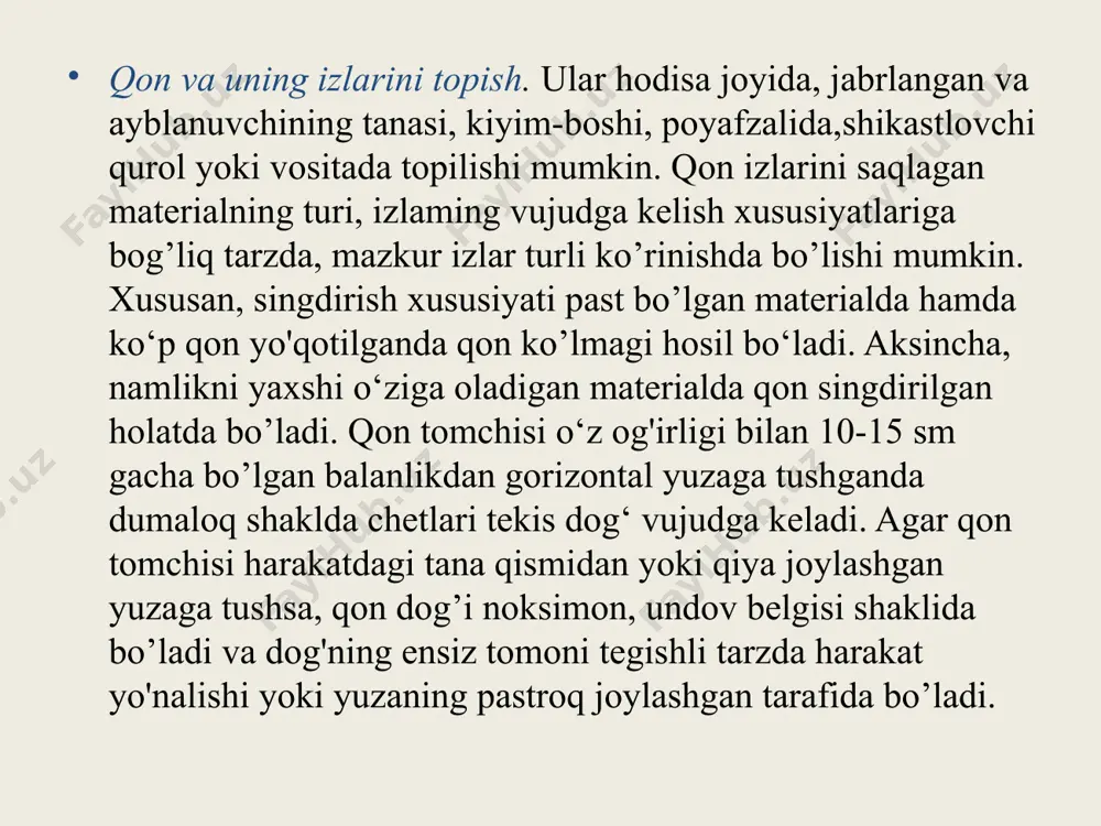dan oldin quritiladi. bu holatda laboratoriyaga toza doka bo’lagi namuna sifatida kontrol uchun yo’llanadi. qon va uning dog’larining sud-tibbiy ekspertizasida hal qilinadigan masalalar o‘ziga xos bo’lib, ular quyidagi ketma-ketlikda yechimini topadi: - taqdim etilgan ashyoviy dalillarda qon borligini aniqlash; - qonning tur mansubligini aniqlash; - qonning guruhiy mansubligini aniqlash; - qonning muayyan shaxsga taalluqli ekanligini aniqlash. ba’zan bulardan tashqari qonning jins, regional mansubligini, homilador yoki yaqin orada tuqqan ayolga mansubligini aniqlash bo'yicha savollar ham qo‘yilishi mumkin. qon va uning dog’larining tekshiruvlari sud-tibbiy ekspertiza muassasalarining sud-biologik bo’limlarida o'tkaziladi. qon borligini aniqlash. buning taxminiy va ishonchli usullari mavjud. vodorod peroksid, benzidin, fenolftalein sinamalari qonda peroksidaza, katalaza fermentlarining mavjudligiga asoslangan. dog'ga 3% vodorod peroksid eritmasidan bir necha tomchi tomizilganda, qon bo’lganda oq rangli ko'pik hosil bo'ladi. benzidin sinamasida dog'ga benzidin va vodorod peroksid eritmalaridan bir tomchidan tomizilganda, qon borligida vodorod peroksidning parchalanishidan hosil bo’lgan kislorod hisobiga benzidin oksidlanib, ko'k rang paydo bo’ladi. dog’larda …