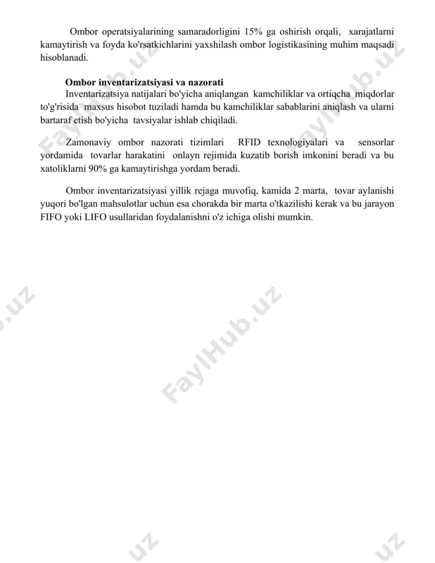 qcha miqdorlar to'g'risida maxsus hisobot tuziladi hamda bu kamchiliklar sabablarini aniqlash va ularni bartaraf etish bo'yicha tavsiyalar ishlab chiqiladi. zamonaviy ombor nazorati tizimlari rfid texnologiyalari va sensorlar yordamida tovarlar harakatini onlayn rejimida kuzatib borish imkonini beradi va bu xatoliklarni 90% ga kamaytirishga yordam beradi. ombor inventarizatsiyasi yillik rejaga muvofiq, kamida 2 marta, tovar aylanishi yuqori bo'lgan mahsulotlar uchun esa chorakda bir marta o'tkazilishi kerak va bu jarayon fifo yoki lifo usullaridan foydalanishni o'z ichiga olishi mumkin. 📌xulosa ombor logistikasining samarali boshqaruvi yuqori samaradorlik, optimallashtirilgan xarajatlar va muntazam rivojlanishga olib keladi. zamonaviy texnologiyalar va innovatsion echimlar omborlar faoliyatini yanada takomillashtiradi va raqobatbardoshligini oshiradi. 📚foydalanilgan adabiyotlar 1. bozor talablariga javob beradigan omborxona logistikasini rivojlantirish. (nazvanie jurnala/knigi i god publikatsii obyazatelno) 2. zamonaviy omborxona texnologiyalari va ularning samaradorligini oshirish. (nazvanie jurnala/knigi i god publikatsii obyazatelno) 3. omborxona boshqaruvidagi axborot tizimlari va ularning roli
