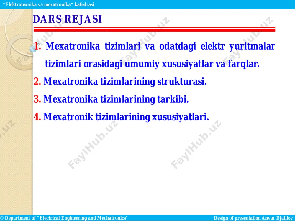 zimi yordamida modellashtirish va uning harakatini tekshirish mexatronikaning elektromexanik elementlari -aktuatorlar (ijrochi mexanizmlar) servodvigatel, qadamli dvigatel, rele, dinamik, svetodiod (led), elektromagnit, tormoz, mufta mexanik jarayonlarni bajarish uchun xizmat qiladi. - datchiklar (sensorlar) sensorlar tashqi muhit va ishlar ob`ekti hamda menxanik qurilmalar va yuritmalar haqidagi haqiqiy ma`lumotlarni yig’ish va ularni kompyuter boshqarish tizimiga yuborish uchun xizmat qiladi. mexatronika elementlari- elektr / elektron  elektr komponentlar (masalan, rezistor (r), kondensator (c), transformator va boshqalar) • elektron elementlar quyidagilardan iborat: - analog / raqamli elektronika, transistorlar, tiristorlar, opto paralar, operatsion kuchaytirgichlar, kuchlanishli elektronika va signalni sozlash moslamalari elektr / elektron elementlar elektrmexanik qismidagi datchiklar va ijrochi mexanizmlarni boshqarish/hisoblash interfeysiga ulash uchun xizmat qiladi. mexatronikaning boshqarish interfeysi /hisoblash texnikasi elementlari - analog-raqamli (a/d) konverter, raqamli-analog (d/a) konverteri, raqamli kirish / chiqish (i/o), schetchiklar, taymerlar, mikroprosessor, mikrokontrollerlar, ma'lumotlarni yig'ish va boshqarish platasi (dac), signalni qayta ishlash (dsp) platasi. boshqaruv interfeysining apparat ta`minoti analog / raqamli …