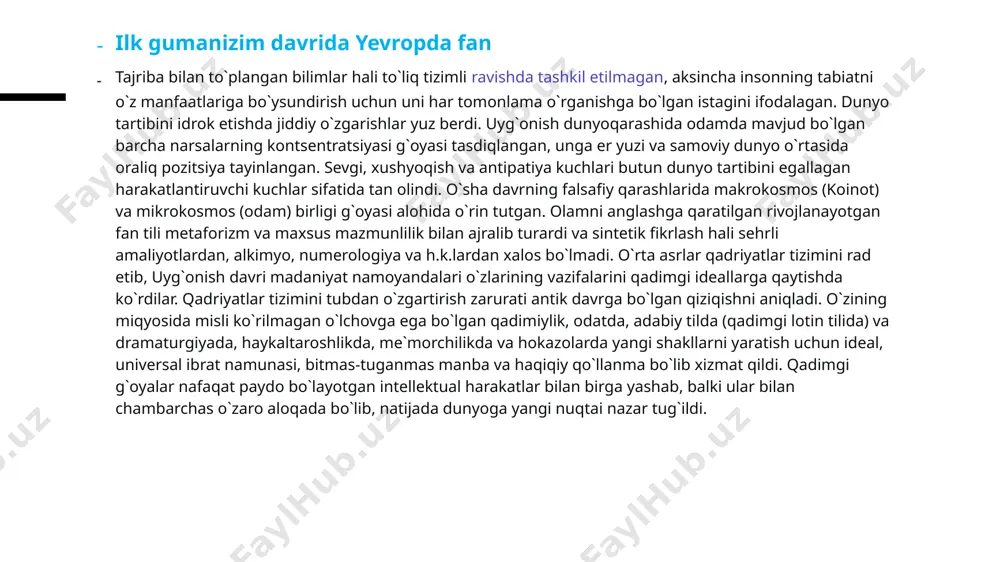 y-siyosiy hayotdagi tarixiy siljishlar xiii-xiv asrlarga to`g`ri keldi. keyingi ikki asrda - shimoliy uyg`onish markazlari hisoblangan gollandiya, frantsiya, germaniya, angliya va g`arbiy evropaning boshqa mamlakatlarida uyg`onish davriga xos xususiyatlarning paydo bo`lishiga. belgilangan ikkita madaniyat markazidagi uyg`onish jarayoni xvi asr oxiriga qadar davom etdi. uyg`onish madaniyatining o`ziga xos turlari markaziy evropa mamlakatlarida, shu jumladan hamdo`stlik va buyuk litva knyazligida rivojlangan. italiya uyg`onish davri uchun iqtisodiy va ijtimoiy-siyosiy old shartlar. italiyada uyg`onish madaniyati shahar-shtatlarda paydo bo`lgan. ularning gullab-yashnashi iqtisodiy omillar bilan ta`minlandi: savdo va hunarmandchilik ishlab chiqarishi, bu erda o`z ishini va bo`sh vaqtini mustaqil ravishda tashkil etgan kishi munosib o`rin egalladi. yangi tsivilizatsiya haqiqati ijodiy faoliyat jarayonida takomillashgan shaxslarning ijodiy qobiliyatlarining misli ko`rilmagan namoyon bo`lishi uchun sharoit yaratdi. shaxsiyatning intellektual qobiliyatlarini rivojlantirish va ma`naviy dunyosini boyitishga qaratilgan tinimsiz sa`y-harakatlar, o`z shaxsiga bo`lgan qiziqish bilan ajralib turadigan yangi, noan`anaviy tipdagi shaxs shakllanishi yuz berdi. o`zining harakatlarini ehtiyotkorlik bilan hisobga olish va rejalashtirishga …