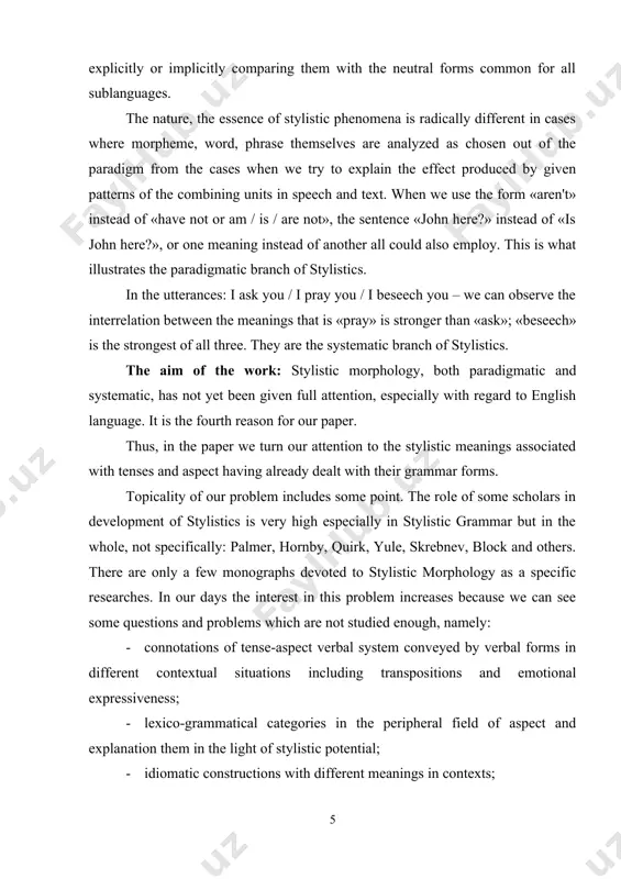 or real seminar studies. in our paper we actualize the topic problem by showing that the general research area-stylistic potential of english verb – is important, central, interesting, problematic. tense-aspect verbal form are used to express subtle stylistic nuances and impressions in spoken english, in distributions of light and shade of verbal paints; with the purposes to go over from one style to another. the why the topic of our paper is determined as «the potential of tense-aspect verbal forms in modern english». the object of our study is «the tense-aspect verbal form as many aspectual factor in theoretical english grammar». the subject of our study is «stylistic potential of tense-aspect verbal forms in modern english». language level: tense-aspect verbal forms as constructive grammar means for two types of transpositions and some expression from the peripheral field in the frames of spoken english. language material:original text, dictionaries, thesauruses, monographs, history …