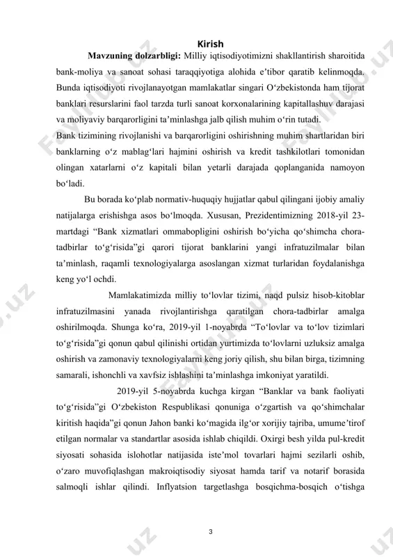 , “qishloqqurilishbank” va “turonbank”ni xususiylashtirish boʻyicha qaror qabul qilindi. bundan tashqari, 2020-yilda “oʻzsanoatqurilishbank” va yettb oʻrtasida mahalliy ishlab chiqaruvchilar, eksportyorlar, kichik va oʻrtabiznesni moliyalashtirish uchun 40 million dollar miqdorida kredit liniyasini jalb qilish yuzasidan kredit shartnomasi imzolandi. bank anderrayting joriy etdi va bu kreditlash operatsiyalarini xodimlar ishtirokisiz amalga oshirishga oʻtdi. mamlakatimizda 2016-yilgacha ichki valyuta bozori va naqd pul muomalasida mavjud muammolar yillar davomida inflyatsiyaning yuqori darajada shakllanishiga yoʻl ochishi bilan birga tadbirkorlikni rivojlantirishga salbiy taʼsir koʻrsatib kelardi. bu muammolarning bartaraf etilishi pul-kredit siyosatini takomillashtirish va inflyatsiya darajasini pasaytirish uchun zamin yaratyapti. 2017-yilga kelib, pul-kredit siyosatini rivojlantirishda inflyatsion targetlash rejimini joriy qilishga kirishildi. mamlakatimizda narxlar barqarorligini taʼminlash maqsadida 2020-yildan inflyatsiyani targetlashning faol bosqichiga oʻtilib, 2021-yilda inflyatsiya darajasini 10 foiz, 2023-yilda esa 5 foiz darajadagi doimiy inflyatsion targetgacha pasaytirish vazifasi qoʻyildi. buning natijasida inflyatsiya darajasini 2017-yil yakunidagi yillik 18,8 foizdan 2020-yil oxirida 11,1 foizgacha pasaytirishga erishildi. shuningdek, aholining bankomatlardan naqd pul yechib …