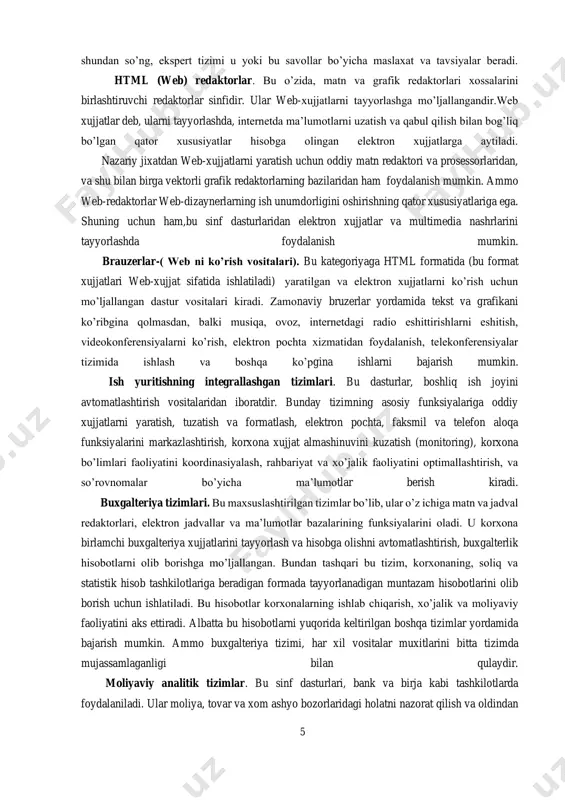 a murojaatni ta’minlashga emas, balki ma’lumotlarni ularning mazmuniga mos ravishda o’zgartirishga buriladi. mb lari asosan ma’lumotlarning har xil tiplari (sonli va matnli ma’lumotlardan tortib to multimediali ma’lumotlargacha) bilan ishlaydi, elektron jadvallar esa ko’proq sonli ma’lumotlar bilan ishlaydi. ammo shu bilan birga, elektron jadvallar sonli tipdagi ma’lumotlar bilan ishlashning bir qancha usullarini taqdim etadi. loyihalashning avtomatlashtirilgan tizimlari (sad-tizimlar). bu tizimlar loyiha va konstruktorlik ishlarini avtomatlashtirishga mo’ljallangan. ular mashinasozlik, asbobsozlik va arxitekturada qo’lla-niladi. chizma-grafik ishlardan tashqari bu tizimlar oddiy hisoblashlarni (m- n, detallar chidamliligini) bajaradi va keng ko’lamdagi ma’lumotlar bazalaridan tayyor konstruktiv elementlarni tanlaydi. sad-tizimlarning yana muhim xususiyati shundan iboratki, u loyiha-lashning hamma bosqichlarida, loyihani texnik shartlar, qoida va meyorlar bilan avtomatik tarzda ta’minlaydi, bu esa arxitektor va konstruktorlarni ijodiy xarakterga ega bo’lmagan ishlardan ozod qiladi. masalan, mashinasozlik sad-tizimlari umumiy chizma asosida, avtomatik tarzda alohida detallarning ishchi chizmasini va kerakli texnik xujjatlarni tayyorlaydi. kichik nashriyot tizimlari. bu sinf dasturlarining vazifasi poligrafiya nashrlarini …
