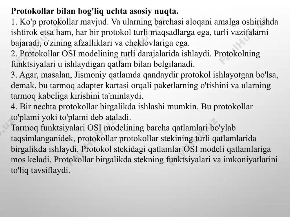 angan bo'lsa, ulanish tartibi ulanishni o'rnatishga urinayotganda protokollardan foydalanish tartibini belgilaydi. odatda, bog'lash operatsion tizim yoki protokol o'rnatilganda amalga oshiriladi. misol uchun, agar tcp/ip ulanish ro'yxatidagi birinchi protokol bo'lsa, u holda ulanishni o'rnatishga harakat qilganda foydalaniladi. agar urinish muvaffaqiyatsiz bo'lsa, kompyuter ulanishlar ro'yxatidagi keyingi protokol yordamida ulanishni o'rnatishga harakat qiladi. standart to'plamlar kompyuter sanoatida standart protokol modellari sifatida bir nechta steklar ishlab chiqilgan. mana eng muhimlari: iso/osi protokollari to'plami; ibm system network architecture (sna); digital decnet; novell netware; apple appletalk; internet protokollar to'plami, tcp/ip. ushbu steklarning protokollari ularning qatlamiga xos ishlarni bajaradi. biroq, tarmoqqa tayinlangan aloqa vazifalari protokollarni uch turga ajratishga olib keladi: qo'llaniladi; transport; tarmoq. ushbu turlarning joylashuvi osi modeliga mos keladi. ilova protokollari ilova protokollari osi modelining yuqori qatlamida ishlaydi. ular ilovalar o'rtasidagi o'zaro ta'sirni va ular o'rtasida ma'lumotlar almashinuvini ta'minlaydi. eng mashhur dastur protokollariga quyidagilar kiradi: apps (advanced program-to-program communication) - asosan as/400 da qo'llaniladigan ibm peer-to-peer …