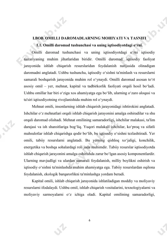 barqaror ijtimoiy-iqtisodiy tizimni yaratishga qaratilgan chora-tadbirlarni amalga oshirishlari lozim. bu jarayon, iqtisodiy barqarorlikni saqlash, ijtimoiy adolatni ta'minlash va ekologik barqarorlikni saqlashga yordam beradi. shunday qilib, omilli daromad tushunchasi va uning iqtisodiyotdagi o‘rni, mamlakatning iqtisodiy salohiyatini oshirish, barqaror rivojlanish va ijtimoiy farovonlikni ta'minlashda muhim ahamiyatga ega. ushbu tushuncha, iqtisodiy siyosatni shakllantirish va amalga oshirishda asosiy omil sifatida xizmat qiladi. iqtisodiy o‘sishni ta'minlash va milliy boylikni rivojlantirish uchun omilli daromadni oshirish, zamonaviy iqtisodiyotda muhim rol o‘ynaydi. omilli daromad tushunchasi iqtisodiyotning asosiy tushunchalaridan biri bo‘lib, turli ishlab chiqarish omillari orqali olingan daromad shakllarini o‘z ichiga oladi. umuman olganda, omilli daromadlar iqtisodiy faoliyat natijasida hosil bo‘ladigan va turli iqtisodiy subyektlarga taqsimlanadigan moliyaviy mablag‘larni ifodalaydi. ushbu tushuncha ishlab chiqarish jarayonida ishtirok etuvchi omillar – yer, mehnat, kapital va tadbirkorlik faoliyati orqali yaratilgan daromad shakllariga tegishlidir. omilli daromadlarni tushunish uchun, avvalo, iqtisodiyotda ishlab chiqarish omillarining qanday rol o‘ynashini tahlil qilish kerak. an’anaviy iqtisodiy nazariyaga ko‘ra, ishlab …