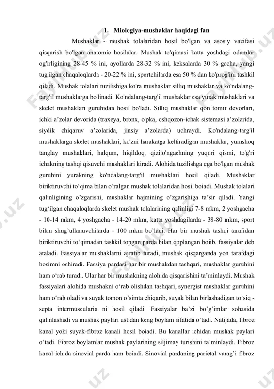 ashqari, synergist mushaklar guruhini ham o‘rab oladi va suyak tomon o’simta chiqarib, suyak bilan birlashadigan to’siq - septa intermuscularia ni hosil qiladi. fassiyalar ba’zi bo’g’imlar sohasida qalinlashadi va mushak paylari ustidan keng boylam sifatida o’tadi. natijada, fibroz kanal yoki suyak-fibroz kanali hosil boiadi. bu kanallar ichidan mushak paylari o’tadi. fibroz boylamlar mushak paylarining siljimay turishini ta’minlaydi. fibroz kanal ichida sinovial parda ham boiadi. sinovial pardaning parietal varag’i fibroz pardaning ichki yuzasini o’rab olsa, visseral varag’i mushak fassiyalarning ustki yuzasiga o’tadi. sinovial parda varaqlari orasida ozgina sinovial suyuqlik boiib, mushak paylarining harakatini yengillashtiradi. ko’ndalang-targ’il mushaklarning ko’pchiligida qisqaruvchi go’shtdor qismi - qorinchasi (venter) bo’lib, mushak uchlarining suyaklarga birikish sohasi paylardan hosil bo’ladi. agar go’shtdor qismi bir tomonda, pay ikkinchi tarafda bo’lsa, bunday mushaklarga bir path mushaklar deyiladi. agarda pay o’rtada bo’lib, ikki tarafda mushakning go’shtdor qismi bo’lsa, ikki patli mushaklar deyiladi. ba’zi mushak paylarining ichida suyaklar taraqqiy etadi. bunday paylar ichidagi suyaklarga …