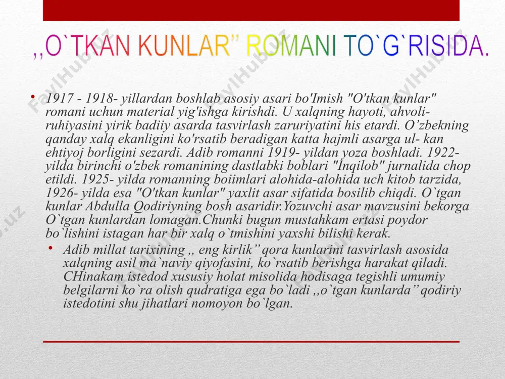 giz videofilmdan olingan lavha. yo`ldosh a`zamov rejessorligida ishlangan bu filmning yutuq va kamchiliklarini sanab bering. aktyorlar asar qahramonlarini yarata olganmi?( shu orqali o`qituvchi munozarali muhit yaratadi) asar qahramonlari tahlili kumush va zaynab qaysi biri ijobiy,qaysi biri salbiy qahramon? otabek salbiy qahramonmi? kumushning o`limiga kim aybdor? agar siz muallifbo`lganingizda asarni qanday yakunlagan bo`lardingiz? kumushning o`limini siz qanday qabul qildingiz? ana shu sahnada qodiriy o`zbek mintalitetining nozik qirralarini zo`r mahorat bilan tasvirlagan? kim ana shularni sanab bera oladi? 1.abdulla qodiriyning qaysi romanida milliy ruh juda bo`rtiq aks etgan? 2. o`tkan kunlar romanidagi kumushning onasining ismi? 3. yusuf savdosida beqaror zulayho ismidin, majnun ishqida yig`lagan layli… ushbu so`zlar kimga tegishli? 4. kumushning kundoshi? savol va topshiriqlar. uyga vazifa: qizlarga “kumush o`zbek qizlarining hayo timsoli “ mavzusida ijodiy insho yozish. uyga vazifa: o`g`il bolalarga: “otabek mard yigit” mavzusida ijodiy insho yozish. (inshoda otabekning sizga yoqqan va yoqmagan xislatlarini yoritish) image3.jpeg image4.jpeg image5.jpeg image6.jpeg image7.jpeg …