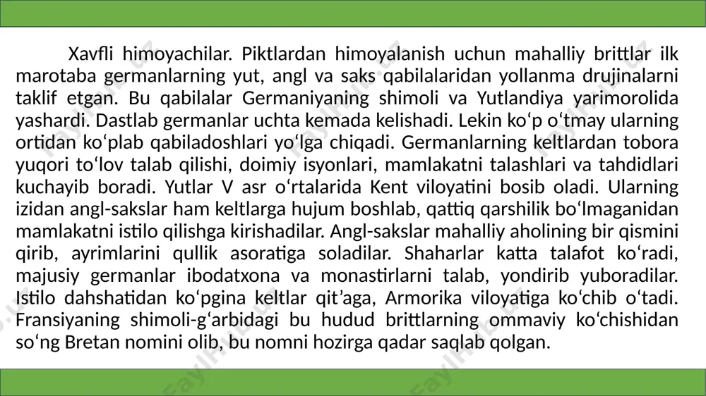 i. qarshilikni faqat uesseks qirolligi davom ettiradi. qirol buyuk alfred. buyuk alfred (871—900) uesseksda taxtga kelguniga qadar daniyaliklarni hech kim to‘xtatishga qodir bo‘lmagan. buyuk alfred butun angliyadan bosqinchilarni jazolash orzusidagi jangchilarni yig‘adi. u bu qo‘shin bilan daniyaliklarni bir necha bor mag‘lub etadi. alfred 879-yilda daniyaliklar bilan tinchlik sulhini tuzadi. unga binoan, butun orol ikki qismga bo‘linib: janubiy hududlar alfredga, shimoliy hududlar esa daniyaliklarga beriladi. chegara london va chechter oralig‘idagi qadimgi rimliklar qurdirgan tosh yo‘l bo‘ylab o‘tadi. skandinavlarga qoldirilgan yerlar denlo nomini oladi. alfred tinchlik sulhidan yangi kuchli qo‘shin tuzish uchun foydalandi. ma’lumki, avvallari dushman xavfi tug‘ilganida xalq lashkari to‘planardi. endi har beshta angl-saks oltinchisini boqishi va qurollantirishi majburiy etib qo‘yiladi. natijada tinimsiz urushlar davrida qishloqning ko‘pchilik aholisi o‘z ishidan ajratilmagan. yangi qoidaga binoan, besh kishi oltinchisini dubulg‘a, qilich va jang boltasi bilan ta’minlab, vikingdan kam qurollantirmagan. qolaversa, ushbu oltinchi kishi doimo mashq qilishi, jangga tayyorlanishi shart edi. uning uchun qolgan …