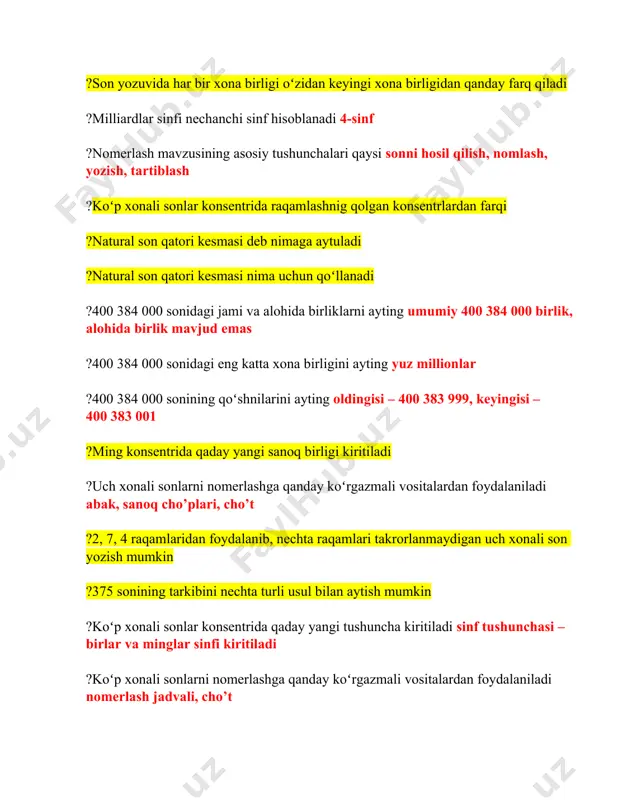 sh mumkin ?375 sonining tarkibini nechta turli usul bilan aytish mumkin ?koʻp xonali sonlar konsentrida qaday yangi tushuncha kiritiladi sinf tushunchasi – birlar va minglar sinfi kiritiladi ?koʻp xonali sonlarni nomerlashga qanday koʻrgazmali vositalardan foydalaniladi nomerlash jadvali, cho’t ?koʻp xonali sonlar konsentrida sonlar qaday taqqoslanadi sanoqda yonam-yon turgan sonlarni taqqoslayotganda ushbu bilimlarga tayanish mumkin: sanoqda oldin uchraydigan son kichikdir. turli miqdordagi raqamlar bilan yozilgan sonlarni taqqoslayotganda quyidagi xulosadan foydalanish mumkin:raqamlarning umumiy bo’lgan soni kichikdir. bir xil miqdordagi raqamlar bilan yozilgan sonlar taqqoslayotganda bir xil nomdagi birliklar yuqori xonadan boshlab taqqoslanadi. ?37 minglik, 75 oʻnlik, 9 birlikdan iborat sonni raqamlar bilan yozing 37759 ?32 yuzlik, 7 oʻnlik, 5 birlikdan iborat sonni raqamlar bilan yozing 3275 ?2, 7, 4, 5 raqamlaridan foydalanib, nechta raqamlari takrorlanmaydigan 4 xonali son yozish mumkin ?100 ichida qoʻshishning ogʻzaki usullaridan foydalanib yeciladigan misollarni ajrating ?quyidagi topshiriqni bajarishda o’quvchilar qanday mulohaza yuritadi: “tushirib qoldirilgan sonlarni yoz: …+70+5=175” ? …