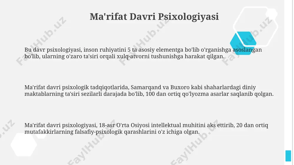 a, eʼtibor va muammo yechish kabi kognitiv jarayonlarni oʻrganishga asoslangan holda, biheviorizmga qarshi kurash sifatida yuzaga kelganini koʻrsatadi. kognitiv psixologiyada 7 ± 2 qoida, insonning qisqa muddatli xotirasining cheklangan sigʻimini, yaʼni taxminan yettita birlik maʼlumotni ushlab turish qobiliyatini tasvirlaydi. bu esa, germaniyalik psixolog georg millerning tadqiqotlariga asoslangan. kognitiv psixologiya, masalan, kanada va buyuk britaniyadagi olimlar tomonidan olib borilgan tadqiqotlar orqali, inson fikrlash jarayonlarini modellashtirish uchun kompyuter metaforasini qoʻllagan holda, kognitiv xaritalar va maʼlumotlarni qayta ishlash tizimlarini oʻrganadi. o'rta asrlar psixologiyasi o'rta asrlar psixologiyasi, asosan, diniy-falsafiy ta'limotlarga asoslangan bo'lib, inson qalbi va ruhiyatini tushunishda 7 ta asosiy gunoh tushunchasi keng qo'llanilgan. 12-asrda xorazmda yashab ijod qilgan abu ali ibn sino, "tib qonunlari" asarida inson ruhiyatining turli jihatlarini, jumladan, xotira, tasavvur va his-tuyg'ularni tahlil qilgan. 13-14-asrlar mobaynida markaziy osiyo madaniy markazlarida, xususan samarqand va buxoro shaharlarida, ruhiy kasalliklarni davolashda tabobat bilan birga, musiqa terapiyasi ham qo'llanilgan. biheviorizm 1930-yillar davomida b.f. skinner tomonidan …