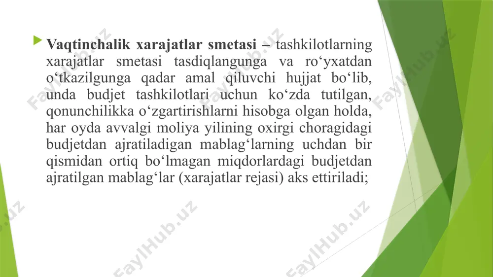 me’yorlari asosida, lekin ajratilgan mablag‘lar doirasida hisoblanadi; • suv, o‘rmon xo‘jaligi va boshqa tashkilotlarni saqlash xarajatlari ularning bajarayotgan ish me’yori va hajmidan kelib chiqqan holda aniqlanadi; • inspeksiya va qo‘riqlash faoliyati bilan bog‘liq xizmatlar to‘lovi xarajatlari tashkilotlar va ushbu xizmatlarni yetkazib beruvchilar o‘rtasidagi shartnomaga muvofiq aniqlanadi; • tashkilotlarning binolar, inshootlar va transport vositalaridan foydalanish, binolar va transport vositalari, shuningdek boshqa davlat mulklari ijarasi bilan bog‘liq xarajatlari belgilangan limitlar va natural ko‘rsatkichlardan kelib chiqib aniqlanadi; • xizmat safarlari bilan bog‘liq xarajatlar tashkilotlarning oldiga qo‘yilgan vazifalaridan, shuningdek qonunchilikda belgilangan me’yorlardan kelib chiqqan holda aniqlanadi; • epizootik kasalliklarga qarshi tadbirlar va qishloq xo‘jaligi zararkunandalariga (chigirtkalar, tut parvonasi va boshqalar) qarshi kurashish bilan bog‘liq xarajatlar prognoz ish hajmlari va kimyoviy preparatlarga bo‘lgan ehtiyojlar, shuningdek bajariladigan ish turlaridan kelib chiqqan holda aniqlanadi. “byudjet tashkilotlarida buxgalteriya hisobi to’g’risida”gi yo’riqnoma o’z.r av. tomonidan 2010 yil 22 dekabrda № 2169-son bilan ro’yxatdan o’tgan; tashkilotlar quyidagi byudjetdan tashqari mablag‘lar …
