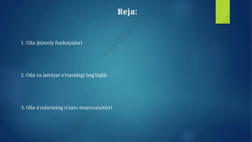 ik va jamoaga mansublik tuyg'usini shakllantirishda faol ishtirok etadi. oilaviy munosabatlar va ijtimoiy qo'llab-quvvatlash oila a'zolari orasidagi kuchli hissiy bog'lanish, 30 yoshdan oshgan shaxslar orasida 80% hollarda, psixologik salomatlikni yaxshilash va stressni kamaytirishga yordam beradi. toshkent shahrida o'tkazilgan so'rovnoma natijalariga ko'ra, 60% respondentlar oilaning ijtimoiy qo'llab-quvvatlash funksiyasini qariyalarni parvarish qilish va ularga moddiy yordam ko'rsatishda muhim deb bilishadi. e'tiboringiz uchun rahmat @taqdimot_robot image6.jpg image7.jpg image8.jpg image9.jpg image10.jpg image2.png image3.png image4.png image5.png