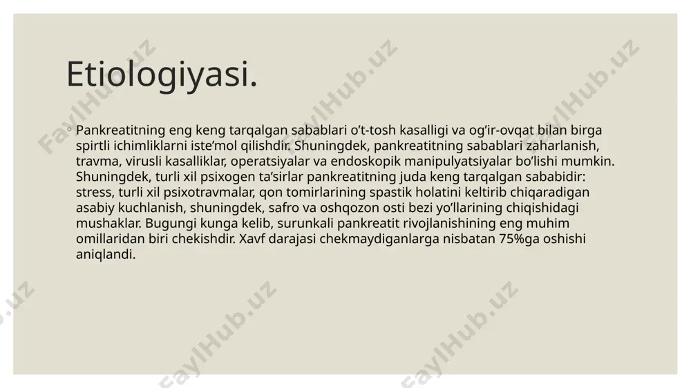 r, fermentlarning normal hajmi bilan bikarbonatlar ishlab chiqarishning pasayishi), obstruktiv. gipersekretor pankreatit bilan birinchi 2-4 kun davomida ochlik belgilanadi, so’ngra ular 5-sonli parhez stoliga o’tadilar. og’riq qoldiruvchi vositalar, antibiotiklar va boshqa dorilar ham buyuriladi. birinchi vosita – shifokor tomonidan tavsiya etilgan parhez (№5). ovqatlar orasidagi tanaffus kunduzi to’rt soatdan oshmasligi kerak. sekretor yetishmovchiligi bo’lgan pankreatit, pankreatinga asoslangan ferment preparatlari shaklida almashtirish terapiyasini talab qiladi.shuningdek, adabiyotlarga ko’ra, angiotenzinga aylantiruvchi ferment ingibitorlarini (perindopril)[5] qo’llash ijobiy natijalar beradi.oshqozon osti bezi kanalining obstruktsiyasi bo’lsa, jarrohlik yoki teri orqali (punksion) davolash ko’rsatiladi.oshqozon osti bezining uzoq muddatli oqmasi bilan jarrohlik yoki minimal invaziv punksion davolash qo’llaniladi.psevdotumoroz pankreatit haligacha jiddiy muammo bo’lib qolmoqda. ko’pincha uni oshqozon osti bezi saratonidan ajratish mumkin emas, shuning uchun davolash asosan o’ziga xos klinik holatga bog’liq. image2.jpg image3.jpeg /docprops/thumbnail.jpeg