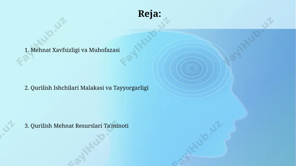 ardan ortiq mablag' sarflandi, bu esa ishchi kuchining 8% ga kamayishini oldini oldi. samarqand viloyatida qurilish firmalarining 75% dan ortig'i mehnat himoyasi bo'yicha o'qitish dasturlariga qo'shildi, bu esa ishchilarning jarohatlanish xavfini 20% ga kamaytirishi kutilmoqda. mehnat bozorining tahlili сурхондарёдаги қурилиш секторида малакали мутахассислар (мисол учун, крановчилар) етишмовчилиги 25% ни ташкил этади, бу эса соатбай иш ҳақининг 20% га ошишига сабаб бўлмоқда. андижон вилоятидаги қурилиш корхоналарининг 30% ишчи кучи етишмовчилигидан шикоят қилмоқда, бу эса лойиҳаларнинг 10-15% кечикишига олиб келмоқда. zamonaviy texnologiyalar va avtomatlashtirish 2023-yilda oʻzbekistonning qurilish sohasida dronlar yordamida 30% ga koʻproq inshootlarning geodezik oʻlchovlari amalga oshirilmoqda, bu esa vaqt va xarajatlarni sezilarli darajada kamaytirmoqda. toshkent shahrida joylashgan qurilish kompaniyalari 2024-yilga kelib, 50% ga yaqin beton aralashtirish jarayonini avtomatlashtirishni rejalashtirmoqda, bu esa ish unumdorligini oshirishga va xatoliklarni kamaytirishga yordam beradi. e'tiboringiz uchun rahmat @taqdimot_robot image2.jpg image3.jpg image4.jpg image5.jpg image6.jpg image7.jpg image8.jpg image1.png