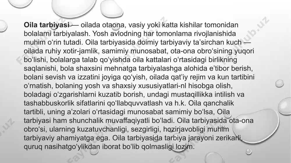 qiladi. oila, odob-axloq va ta'lim-tarbiyaga e'tibor qon-qonimizga singib ketgan burchlarimizdandir. “bir bolaga yetti qo'shni ota-ona” degan ibratli maqol ham aynan xalqimizga xos. mana shu maqolning o'zi ham farzand tarbiyasi, oilaparvarlik biz uchun nechog'lik muhim ekanini bildiradi. mahalla ahli, ayniqsa keksalar ko'chada nobop ish qilayotgan bola oldidan hech qachon beparvo o'tib ketmagan, shu zahotiyoq tanbeh berib to'g'ri yo'lga chaqirgan. zero, har tomonlama chiroyli, odobli, go'zal xulqli bo'lish, nafsni poklashga buyuruvchi muqaddas dinimiz oilaga katta ahamiyat beradi oiladagi muhit ota-ona o'z ma'suliyatlarini his qilishi bilan barqaror bo'ladi. bolalarning odobli bo'lib ulg'ayishi uchun ota-ona bilan bir qatorda mahalla-kuy ham katta ibrat maktabidir. “qush uyasida ko'rganini qiladi”, deb bejiz aytmagan xalqimiz.farzand tarbiyalayotgan ota-ona har bir harakati, yurish turishi, muomalasi, boshqalar bilan o'zaro munosabatida olijanob fazilatlarni namoyon eta bilishi kerak. chunki bola tabiatan nihoyatda taqlidchan va kuzatuvchan bo'ladi. shuning uchun uning atrofdagilari o'z odatlari bilan ba'zan o'zlari sezmagan holda ularga ta'sir qiladilar. oiladagi qo'pol munosabatlar, …