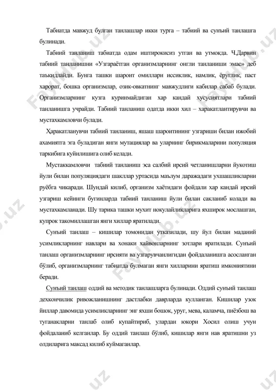 уз олдиларига максад килиб куймаганлар. методик сунъий танлашда одамлар усимликларни кандай белгилари буйича танлаш утказишни олдиндан белгилаб, шу белгиларни кучайтириб, мустахкамлаб боради, яъни аник максад билан ишлайдилар. шу тартибда экинларнинг махаллий навлари яратилган. демак, методик танлашда селекционер усимликнинг яратилаётган янги навининг морфологик, биологик-хужалик белги ва хусусиятларини, ишлаб чикаришнинг нав олдига куядиган талабларига мувофик олдиндан белгилаб олади ва шулар асосида танлаш утказади. бундай танлашнинг ижобий таъсирини канд лавлагининг илдиз меваси таркибидаги канд микдори купайишидан билиш мумкин. 1747 йилда канд лавлагидан саноат шароитида канд олиш имконияти борлиги аникланган эди. уша вактда канд лавлагининг илдиз мевасининг таркибида 6% канд булган. систематик (методик) танлаш натижасида унинг микдори 1838 йил –8,8%, 1908 йилда – 18,1%, 1970 йилга келиб 20,0% етказилиб, хозирги вактда 24% ва ундан куп канд саклайдиган навлари яратилган. кунгабокар пистасининг таркибидаги мой микдори (краснодар улкасида) шу усул натижасида ошиб бориб, хар гектаридан олинадиган мой хосилдорлиги куйидагича узгарган: 1912 йилда 6,3 ц.дан 9,5 ц.гача, …