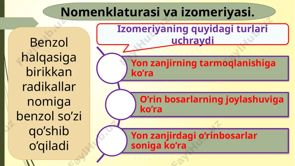 a hosil bo`ladi. fenantrenning tirik organizmlardagi ahamiyati juda katta u asosan tabiatda shifobaxsh o`simliklar tarkibida uchraydigan – steroidlar, gormonlar, d vitamini va biologik aktiv moddalarning asosiy qismini tashkil etadi. fenantrendan olingan ko`pchilik moddalar tilbiyotda ishlatiladi. 34 naftalin galogenlash sulfolash nitrolash reaksiya lariga kirishadi. α – xlor naftalin α – naftalin sulfokislota β – naftalin sulfokislota α – nitro naftalin 35 ko’p halqali arenlar n a f t a l i n ftal angidrid oksidlanishi 36 ko’p halqali arenlar a n t r a t s e n oksidlanishi a n t r a x i n o n antraxinon sariq kristall modda, 286°c da suyuqlanadi. u alizarin bo'yoq moddasini olishda asosiy xomashyo hisoblanadi. 37 a l i z a r i n ko’p halqali arenlar alizarin – qizil rangli kristall modda bo`lib, 2900 da suyuqlanadi. alizaringa al(oh)3 qo`shilsa – och qizil rang, fe(oh)3 – to`q binafsha, cr(oh)3 – yashil rang …