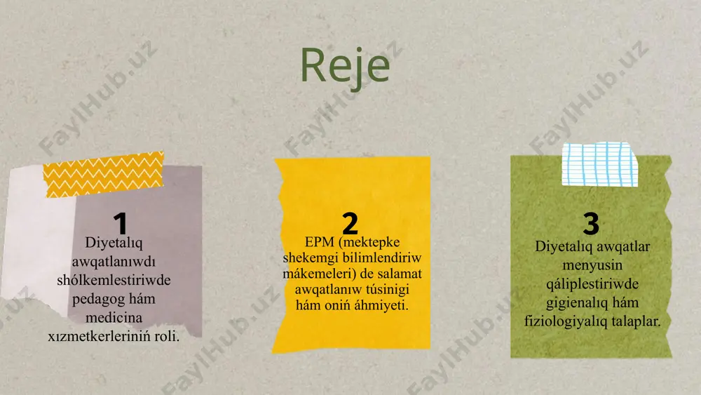 aplaw, belok-may-uglevodlar balansın saqlaw túsiniledi. mısalı, 3-5 jaslı balalar ushın kúnine ortasha 1600-1800 kkal energiya talap etiledi, bul energiyanıń 15% beloktan, 30% maydan, 55% bolsa uglevodlardan alınıwı kerek. diyeta menyui qáliplestirilip atirǵanda bul proporciyalarǵa ayrıqsha itibar beriliwi kerek. ásirese allergiyaga beyim balalar ushin belok deregi sipatında haywan ónimleri (misalı, balıq, qus góshi) menen birge ósimlik belokları (misalı, sobıqlılar) da kiriwi kerek. diyabet yamasa semizlikke beyim balalarda bolsa uglevod dereklerin tómen glikemik indekske iye ónimler, yaǵnıy ovoshlar, dán ónimleri, miyweler arqalı qanaatlandırıw áhmietli. gigienalıq talaplar bolsa ónimlerdiń sapası, olardı durıs saqlaw, qayta islew, asxana xızmetkerleriniń tazalıqqa ámel etiwi, asxana úskeneleriniń sanitariyalıq jaǵdayı hám awqatlar tayarlaw procesiniń hár bir basqıshında tazalıq hám qáwipsizlikti támiyinlewdi óz ishine aladı. mektepke shekemgi bilimlendiriw mákemelerinde dietalıq awqat tayarlanatuǵın asxanalar ulıwmalıq asxanalardan bólek shólkemlestiriliwi kerek. diyetalıq awqatlar menyusin dúziwde ayırım azıq-awqat ónimleri shıǵarıp taslanadı yamasa almastırıladı. máselen, allergiyalı balalar ushın máek, sút, biyday, ǵoza ónimleri menyuden shıǵarıladı. …