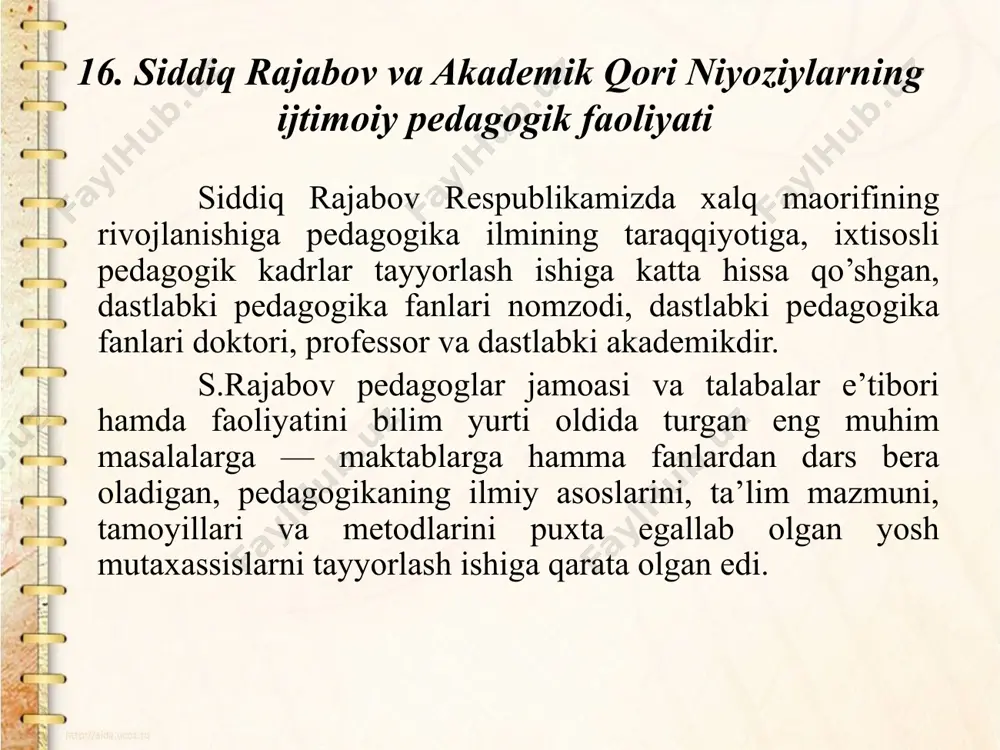 q belgilangan ta’lim muddati bo’lmas, natijada talabalar vaqtdan yutqazar edi. lekin, qori-niyoziy madrasalardagi ta’limning mazmuni nimalardan iborat bo’lganini, ularda o’qitilgan kitoblarning turlarini ham ta’riflagan. masalan, “aqoid” darsligida borliq, xudo va oxirat masalalari, “hikmatulayn” (metafizika)da mulla jaloliddin aqidalari, “muxtasari viqoya”da shariat qonunlari, “fiqhi kan-doniy”da savob, farz, sunnat, makruh va gunoh ishlar ifodalanganini bayon qilgan. qori-niyoziy 1917 yilgi to’ntarishga qadar turkiston o’lkasidagi xalq maorifi tarixini o’sha davrdagi ijtimoiy tuzumning samarasi va madaniyatining ajralmas tarkibiy qismi sifatida talqin etgan. o’zbekiston respublikasi maktablari rivojlanishining tarixiy rolini keng va chuqur ma’noda yoritgan. o’zbekistonda umumiy majburiy boshlang’ich ta’limni amalga oshirishda respublikadagi barcha jamoatchilik hamda umumiy ta’lim qo’mitalari ishtirok etgan. “umumiy ta’limni joriy qilish sohasidagi juda katta vazifalar yana shuning uchun yuam tez fursatda bajarildiki, - deb yozgan edi niyoziy, - respublikadagi butun jamoatchilikning diqqat-e’tibori va kuchi bu vazifani bajarishga qaratildi, umumiy ta’limga yordam komiteti tuzildi, bu komitetlarning ishi natijasida maktablar soni kesik darajada ko’paydi”. o’qituvchi kadrlar …