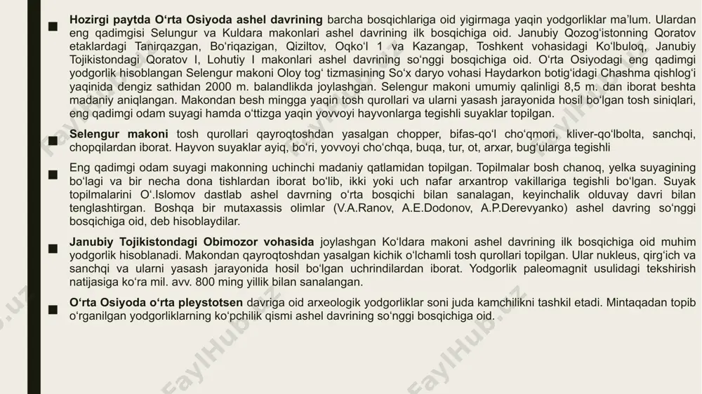 li o‘rmon egallagan. bunday tabiiy qulay sharoitda ashel davridagi kabi issiqsevar hayvonlar turi yashagan. o‘rta paleolit davrining ikkinchi bosqichida yer yuzi sovib, navbatdagi vyurm muzligi boshlanadi. muzlikning chegarasi yer sharining 45-48 shimoliy kenglidan o‘tgan. muzlik davrida ob-havo keskin sovib, muzlanish yuqori darajasiga chiqadi. muzlik oldi hududlar tundrani tashkil etgan. muzlikdan chekkada bo‘lgan janubiy o‘lkalarning iqlimi iliq va plyuvial-seryog‘in tabiiy sharoit hukm surgan. bu davrda ibtidoiy odamlar ashel davriga qaraganda kengroq hududlarni egallaydi. ularning qadami yevrosiyoning chekka hududlari, hatto shimoliy qutbgacha yetib borib, sovuq iqlimli sharoitiga moslashadilar. yevrosiyoning alohida mintaqalarda o‘rta paleolit davriga oid yuzlab yodgorliklar topib o‘rganilgan. masalan, birgina o‘rta osiyoda 300 ga yaqin yodgorliklari maʼlum.o‘rta paleolit davrida odamlarning ko‘payib, ular yashaydigan hududlar doirasi kengayib boradi. bu davrda moddiy madaniyat yanada rivojlanadi. bu jarayon ko‘proq tosh qurollari turi va sonining ko‘payishi, ularga ishlov berish usullarining takomillashishi va ibtidoiy kulbalarni qurishda namoyon bo‘ladi. o‘rta paleolit davrida tosh qurollariga ishlov berishning levallua …