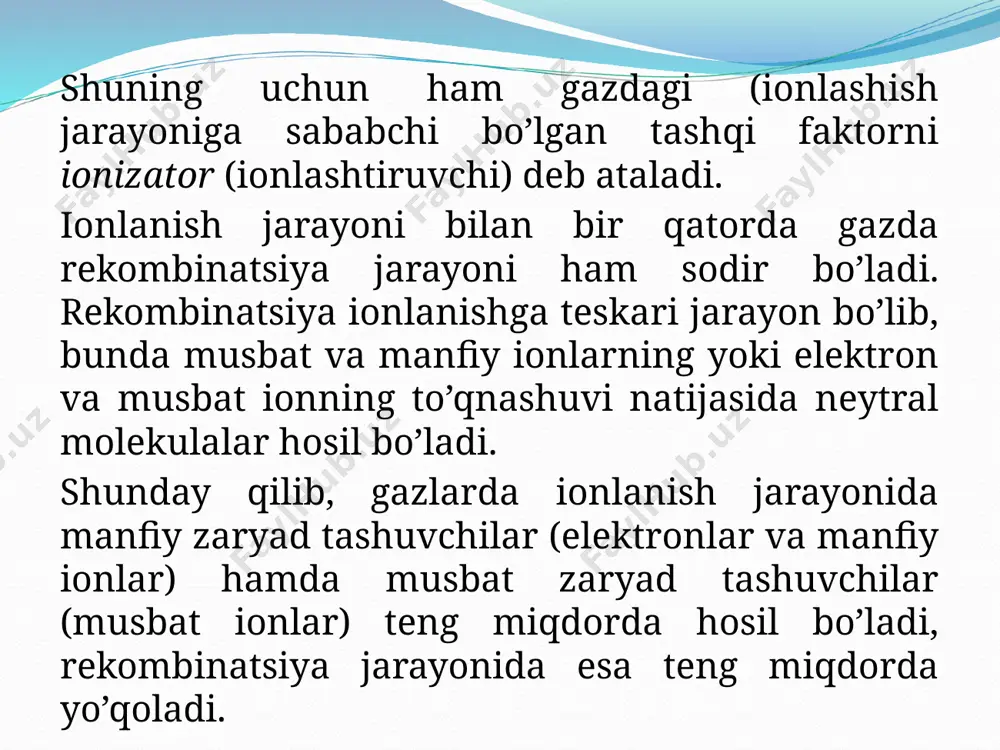 hodisani ikkilamchi elektron emissiya deyiladi. 3. avtoelektron emissiya. bu hodisa nihoyat kuchli elektr maydonlarda (e108 vm) sodir bo’ladi. bunda nihoyat kuchli elektr maydon metallardan elektronlarni yulib (tortib) oladi, deyish mumkin. 4. fotoionlanish. zarbdan ionlanish natijasida vujudga kelgan ion uyg’otilgan holatda bo’lishi mumkin (uyg’otilgan holatdagi sistemaning energiyasi asosiy holatdagiga qaraganda kattaroq bo’ladi). bu ion uyg’otilgan holatdan asosiy holatga o’tayotganda qisqa to’lqin uzunlikli nur chiqaradi. bunday nur energiyasi molekulaning ionlanishiga yetarli bo’lib qolganda fotoionlanish hodisasi ro’y beradi. 5. termoelektron emissiya. manfiy elektrod temperaturasi yetarlicha yuqori bo’lgan hollarda termoelektron emissiya tufayli anchagina elektronlar vujudga keladi. mustaqil gaz razryadlarning ba’zi turlari bilan tanishaylik. oldin oddiy atmosfera bosimlaridagi gazlarda ro’y beradigan razryadlarni tekshiramiz. 1. toj razryad. razryadning bu turi vujudga kelganda elektrodlar yaqinida huddi quyosh tojiga o’hshagan nurlanish kuzatiladi. toj razryad vujudga kelishi uchun nihoyat kuchli notekis elektr maydon mavjud bo’lishi shart. masalan, katta kuchlanishli elektr toklarni o’tkazuvchi simlarni ko’raylik. sim va erni kondensatorning ikki …