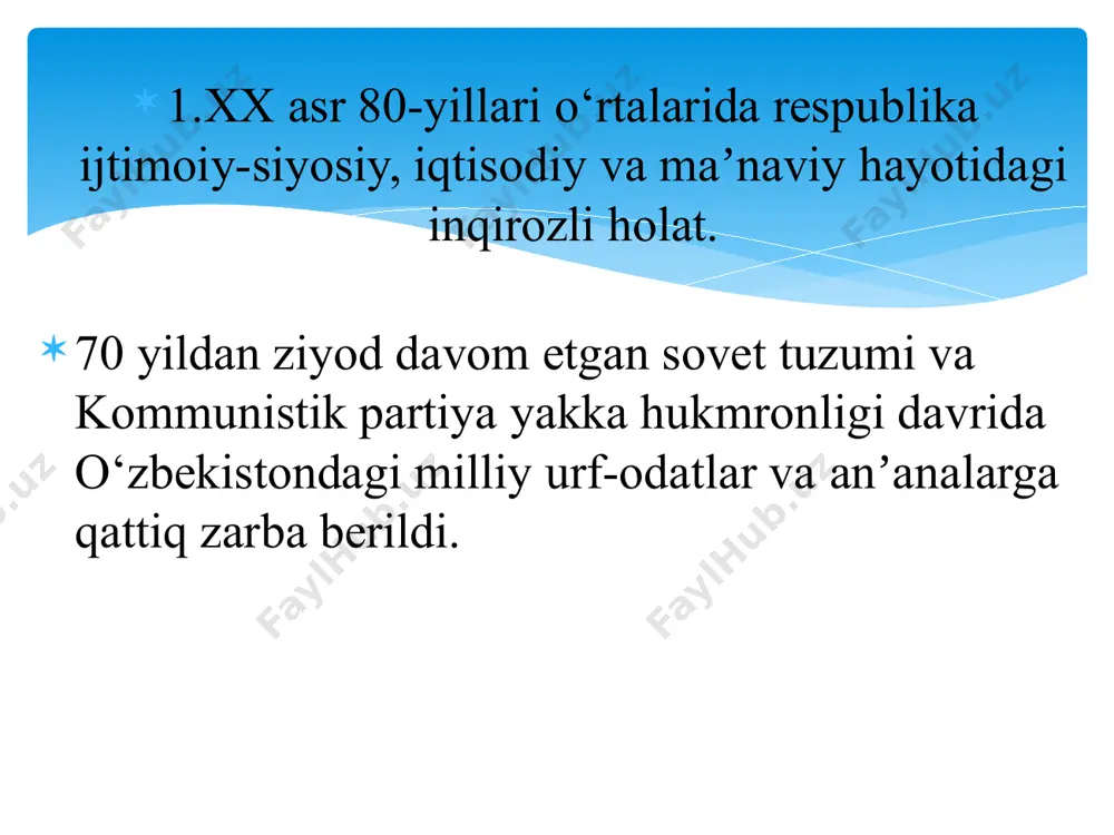 to‘xtalib, mustaqil taraqqiyotimizning ilk bosqichlaridayoq quyidagi teran fikrlarni aytgan edi: “islom inson poklanishi, ruhiy qudrat olishi, qalban uyg‘onishi manbaidir. shu paytgacha bizga din afʼyundir, deb kelishdi. dindorlar quvg‘in qilindilar. ota-onasiga janoza o‘qiganlar jazoga tortildilar. xullas, ne hunarlar ko‘rsatmasinlar islom yashashdan to‘xtamadi. nega? chunki u bizning ongimiz, shuurimiz, hayotimiz, borligimizdir. bugun ana shu din orqali vujudimizga musaffolik, dilimizga inshoolloh poklik kirib kelmoqda. аxloq-odob, maʼrifat yana xonadonlarimiz fayziga, odamlar hislatiga aylanishida islomning o‘rni benihoya bo‘lmoqda”. oliy o‘quv yurtlari o‘zbekiston ssr xalq xo‘jaligi uchun xizmat qiladigan mutaxassislarni ham yetishtirib berdi. 1988-yilda faqat toshkent shahrining o‘zida 19 ta oliy o‘quv yurti bo‘lib, unda 162,9 ming nafar talaba tahsil oldi. 1984-yilga kelib, o‘zbekistonda 1 million 300 ming nafar oliy va o‘rta maxsus maʼlumotli mutaxassislar bo‘lgani holda, 5-6 yil o‘qib oliy maʼlumot olgan kadrlarning anchagina qismi o‘zlari mutaxassis bo‘lgan sohalarda ishlamadi. 1982-yil o‘zbekiston ssr xalq nazorat qo‘mitasi va o‘zbekiston ssr prokuraturasi o‘tkazgan tekshiruvlardan maʼlum bo‘lishicha, qashqadaryo …