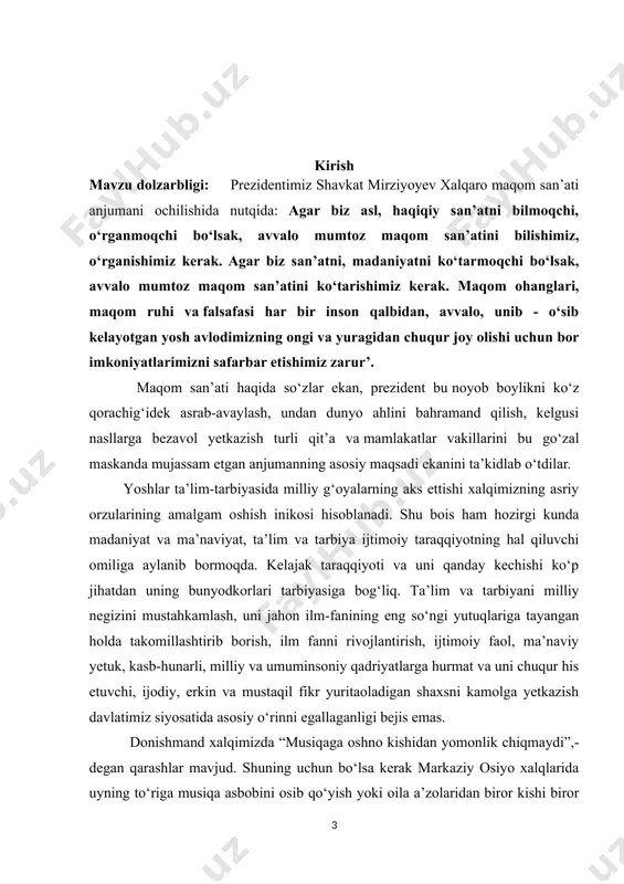 ta’sirini qadim davrlarda yashab o‘tgan olimlarning asarlari ham, hozirgi texnika taraqqiyoti davri samaralari ham isbotlab turibdi. sharqning buyuk mutafakkirlari musiqaning inson ruhiyatiga ta’siri, turli his-tuyg‘ular uyg‘ota olish xususiyatlarini batafsil tahlil qilganlar. abu nasr forobiy, ibn sino, safmddin urmaviy, qutbiddin sheroziy, abdulqodir marog‘iy, abdurahmon jomiy, darvish ali changiylar maqomlar va umuman, mumtoz musiqaning kishilarga ta’sirini o‘rganishgan. maqom, uning sho‘balari va qismlari insonga turlicha ta’sir qilishini uqtirib o‘tishgan. ushshoq, navo, husayniy, iroq, dugoh, buzruk kabi jozibador va ohangdor maqom yo‘llari nafaqat markaziy osiyoda, balki yaqin va o‘rta sharq xalqlari musiqa madaniyatidan o‘rin olib, mashhur bo‘lgan. shu bois, o‘zbek mumtoz musiqasi minglab yillar davomida shakllanib, sayqal topib, badiiylashib, yuksak pog‘onalarga ko‘tarilgan va xalqning madaniy - ma’naviy boyligiga aylangan.[footnoteref:1] [1: 'rajabov ishoq. maqomlar masalasiga doir. toshkent, 1963, 64—93-betlar] shuni ham aytish kerakki, an’anaviy musiqa namunalariga ega bo‘lmish o‘zbek xalqi o‘zining “alpomish”, “go‘ro‘g‘li” dostonlari, “shashmaqom” va minglab musiqa folklor qo‘shiqlari bilan dunyodagi badiiy merosga boy …