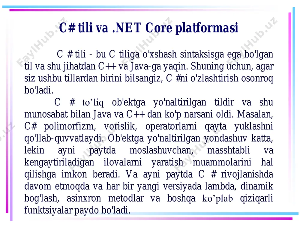 orms. mobil ilovalarni ishlab chiqish uchun uchun - xamarin. veb -saytlar va veb-ilovalarni yaratish uchun - asp.net va boshqalar. .net platformasining roli bunga .net ustida ishlaydigan va serverda ham, mijozda ham veb-ilovalar yaratishga imkon beruvchi faol rivojlanayotgan blazor –freymworkini ham qo'shish mumkin. va kelajakda u ehtimol, mobil ilovalarni ham va desktop ilovalarini ham yaratishni qo'llab-quvvatlaydi. bundan tashqari, c# tili va .net freymworkining o'ziga xos xususiyatlaridan biri bu ortiqcha ma’lumotlarni (musor)ni avtomatik yig'ishidir. bu shuni anglatadiki, ko'p hollarda c++ dan farqli o'laroq xotirani tozalash haqida qayg'urmaslikdir. yuqorida qayd etilgan clr tilning o'zi avtomatik ravishda “axlat yig'uvchi”ni chaqiradi va xotirani tozalaydi. .net framework va .net core / .net 5 ta'kidlash joizki, .net uzoq vaqt aynan windows platformasi uchun .net framework nomi bilan rivojlanib kelgan. 2019 yilda ushbu platformaning so'nggi versiyasi chiqarildi - .net framework 4.8. u endi rivojlanmaydi. 2014 yildan boshlab microsoft turli platformalar uchun mo'ljallangan muqobil platforma - .net core ni …