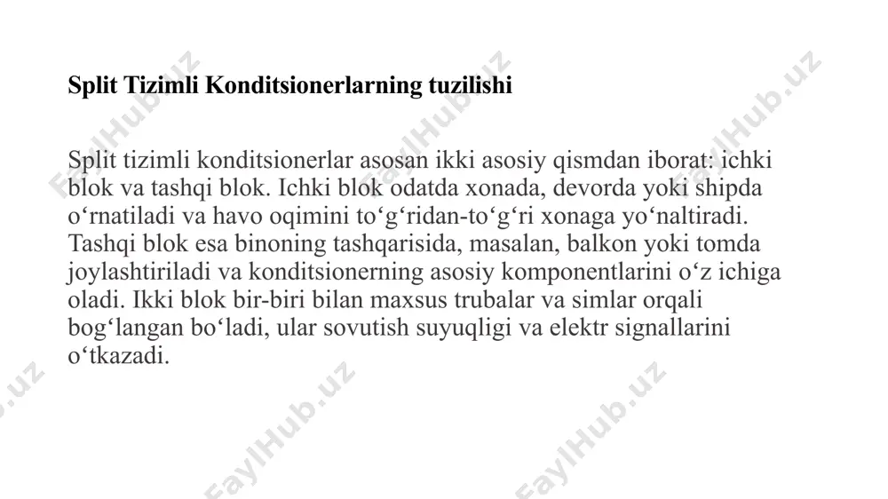 rak. konditsionerni ishlatish vaqtida xonani yaxshi havalandırish kerak. konditsionerlarni oʻrnatish, xizmat koʻrsatish va taʼmirlash konditsionerlarni oʻrnatish, xizmat koʻrsatish va taʼmirlash professional mutaxassislar tomonidan amalga oshirilishi kerak. oʻrnatish vaqtida konditsionerning toʻgʻri joylashtirilishi, elektr tarmoqqa toʻgʻri ulanishi va sovutish suyuqligi tizimining mukammal ishlashiga eʼtibor berish kerak. konditsionerni muntazam tozalash, filtrlarni almashtirish va tizimni tekshirish uni uzoq vaqt davomida samarali ishlashiga yordam beradi. taʼmirlash ishlarini faqat malakali mutaxassislar tomonidan amalga oshirish kerak. xulosa: mahalliy split tizimli konditsionerlar hozirgi kunda uy-joy va ofislarni sovutish va isitish uchun mashhur tanlov hisoblanadi. ularning samarali ishlashi, qulay foydalanish va turli xil xususiyatlarga ega boʻlishi ularni keng ommaga yoqadi. konditsionerlarni toʻgʻri tanlash, oʻrnatish va xizmat koʻrsatish ularning uzoq muddatli ishlashi va xavfsiz foydalanishini taʼminlaydi. foydalanilgan adabiyotlar: 1. ventilyatsiya va havoni konditsiyalash tizimlari o’quv qollanma-nurmanov.s.r, i.i. pirnazarov, sh.a.usmanov toshkent-2019 yil image1.png image2.png /docprops/thumbnail.jpeg