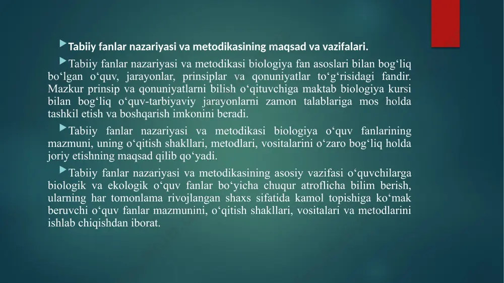 usiyatlari bilan, tuproq hamda foydali qazilmalar bilan tanishadilar. bolalar uchun “bizning o’lka” tushunchasi hammadan avval ularning uylari va maktabi joylashgan joydir, chunki ular ayniqsa atrof joyda bevosita kuzatishlari mumkin bo’lgan tuproq, o’simliklar, hayvonlar, yer yuzasining shakllari, suv havzalari, foydali qazilmalar bilan tanishadilar. “madaniy o’simliklar ”, “uy hayvonlari” mavzularini o’tishda o’qituvchi o’quvchilarning tabiat ob‘ektlarini kuzatishlariga, ularni kuzatishlar kundaligida va sinf tabiat va mehnat kalendarida qayd qilishlariga, kuzatishlarni umumlashtirishlariga va shuningdek, darslik sahifalaridagi topshiriqlarni bajarishlariga alohida e‘tibor qaratish lozim. bolalar ekskursiyada tuproq bilan tanishadilar, tuproq kesmalarini qarab chiqadilar. tabiiy fanlar nazariyasi va metodikasining hozirgi davrda samarali bo‘lishi o‘quvchilarning o‘quv, mehnat va jamoat faoliyatlarida qatnashishi uchun zarur bo‘lgan biologik bilimlar, ko‘nikmalar, malakalarni egallaganliklari bilan belgilanadi. ular esa o‘z navbatida o‘quvchilarning tarbiyalanganlik natijasida, dunyoqarashi, e’tiqodi, tabiat, jamiyat va shaxsga bo‘lgan munosabatida namoyon bo‘ladi. o‘quvchilarning rivojlanish darajasi, qobiliyati, jismoniy va aqliy jihatdan takomillashtirishga bo‘lgan extiyoji bilan ifodalanadi. tabiiy fanlar nazariyasi va metodikasining maqsadi yuqorida qayd …