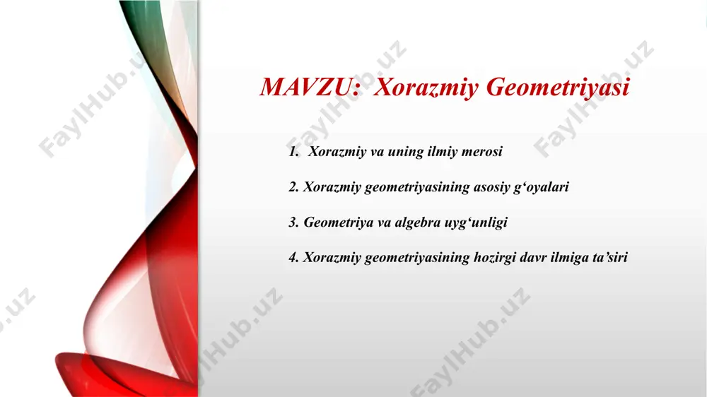 aik muammolarni tushunishni osonlashtirgan. ushbu yondashuvlar orqali xorazmiy geometriyani faqat nazariy fan sifatida emas, balki amaliy, foydali fan sifatida ko‘rsatgan. geometriya va algebra uyg‘unligi. xorazmiy ilm-fan tarixida birinchi bo‘lib algebra va geometriya fanlarini bir-biriga bog‘lagan buyuk olim sifatida tanilgan. u “al-jabr” (ya’ni tenglamalarni tiklash va soddalashtirish) usullarini yaratibgina qolmay, ularni geometrik shakllar orqali tasvirlash usulini ham ishlab chiqqan. bu esa matematikani chuqurroq tushunishga, ayniqsa algebraik tenglamalarning mohiyatini ko‘z bilan ko‘rib tushunishga yordam bergan. algebraik tenglamalarni geometrik shakllar bilan ifodalash xorazmiy o‘zining mashhur asarida kvadrat va chiziqli tenglamalarni quyidagicha geometrik usulda yechgan: x² = a ko‘rinishidagi tenglama — bu kvadrat yuzasi orqali tasvirlanadi. tenglamasi esa biror kvadratga yon tomonlardan uzunlik qo‘shish orqali chiziladi, va bu yuzaning umumiy maydoni orqali yechim topiladi. x² + bx = c masalan, kvadrat tenglama yechimini xorazmiy shakl va chizmalar orqali tushuntirgan: u kvadrat va to‘g‘ri to‘rtburchak shakllarni birlashtirib, ularning umumiy yuzasini topish orqali noma’lum son (x) …
