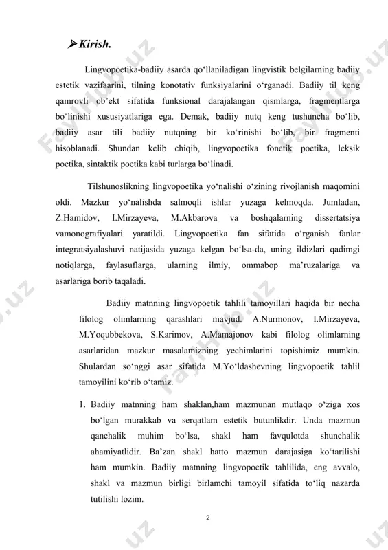 lingvopoetik xususiyatlari tekshirilayotganda undagi har bir til hodisasiga makin va zamon birligi tushunchasini hisobga olib yondashish kerak. har qanday asar davr va makon bilan bog‘liq holda yuzaga keladi. 3. badiiy matnning lingvopoetik tahlilida badiiy adabiyot tilining, xususan, tahlil etilayotgan matn tilining umumxalq tili, uning turli ko‘rinishlari va adabiy tilga munosabatini nazarda tutish ham yana bir tamoyildir. o‘zbektilshunosligidabadiiyadabiyottiliningkengo‘rganilayotganaspektlaridanbirileksik- stilistikaspektbo‘lib,badiiyasartilinibuusuldao‘rganishtilshunislikuchunqanchalikahamiyatlibo‘lsa, adabiyotshunoslikuchunhamshudarajadamuhimdir. zero, til vositasi badiiy asarda fikr, tushuncha ifodalovchi birlik sifatida chegaralanib qolmaydi, balki badiiy asar asosini tashkil qiluvchi obrazlilikka xizmat qiladi. badiiy asarning mazmuniy g‘oyasi ana shu obrazli til tufayli vujudga kelishi natijasida asarning estetik mohiyati oshadi. shunga ko’ra, badiiy adabiyot tili obrazli til bo‘lib, kommunikativ funksiya bajarish bilan birga, kishiga estetik zavq ham bag‘ishlaydi. badiiy adabiyot tili adabiy tilga bevosita ta’sir qilib, til madaniyatini o’sishini, rivojlanib borishini ta’minlab turadi. shunday ekan, badiiy adabiyot tilini o’rganish va tahlil qilish o’ziga xos nazariy va amaliy ahamiyatga ega. rus tilshunosligida badiiy adabiyot tilini …